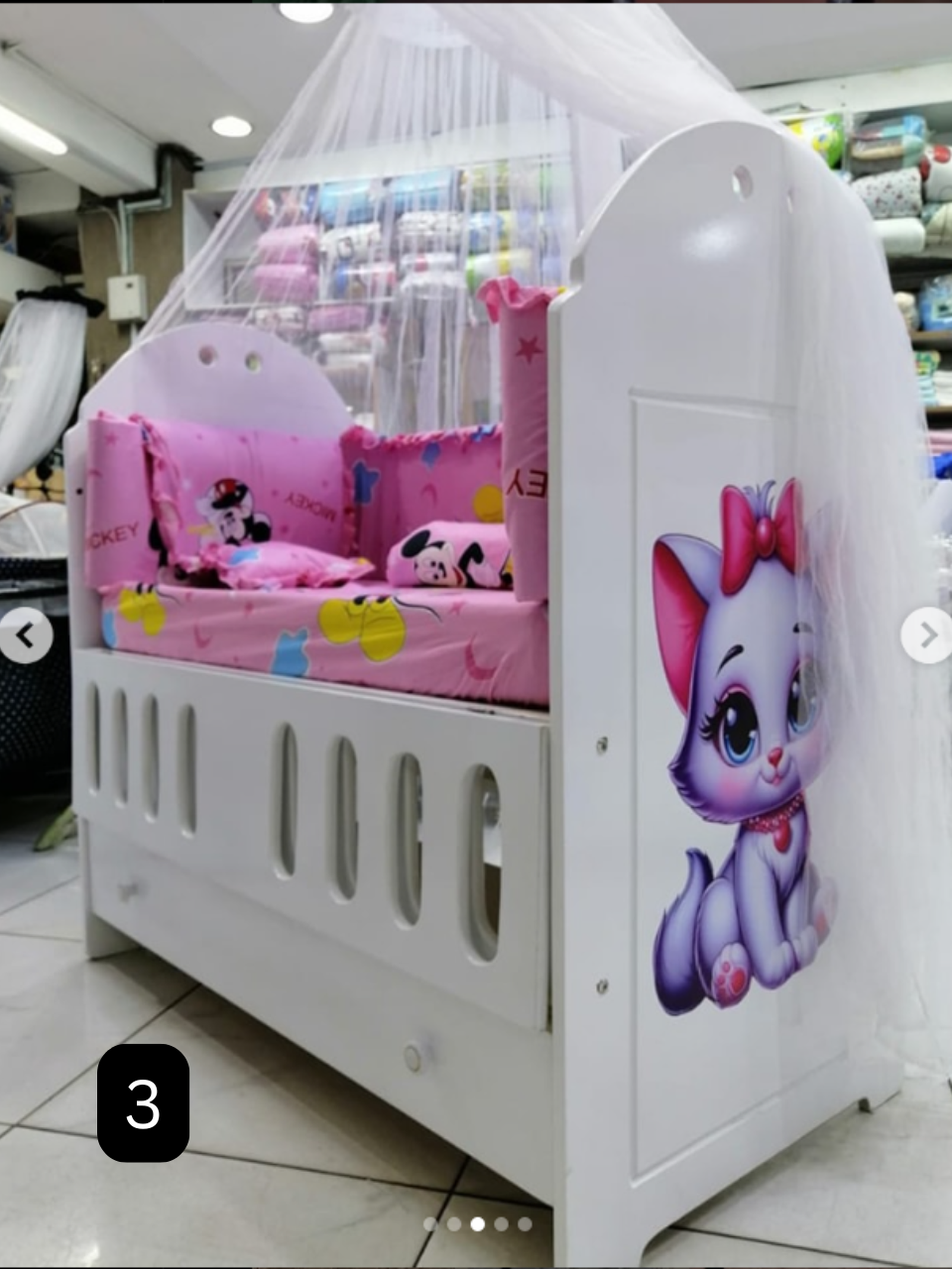 Luxury MDF Baby Cot (Convertible Options) - White with Pink Mickey & Minnie Bedding