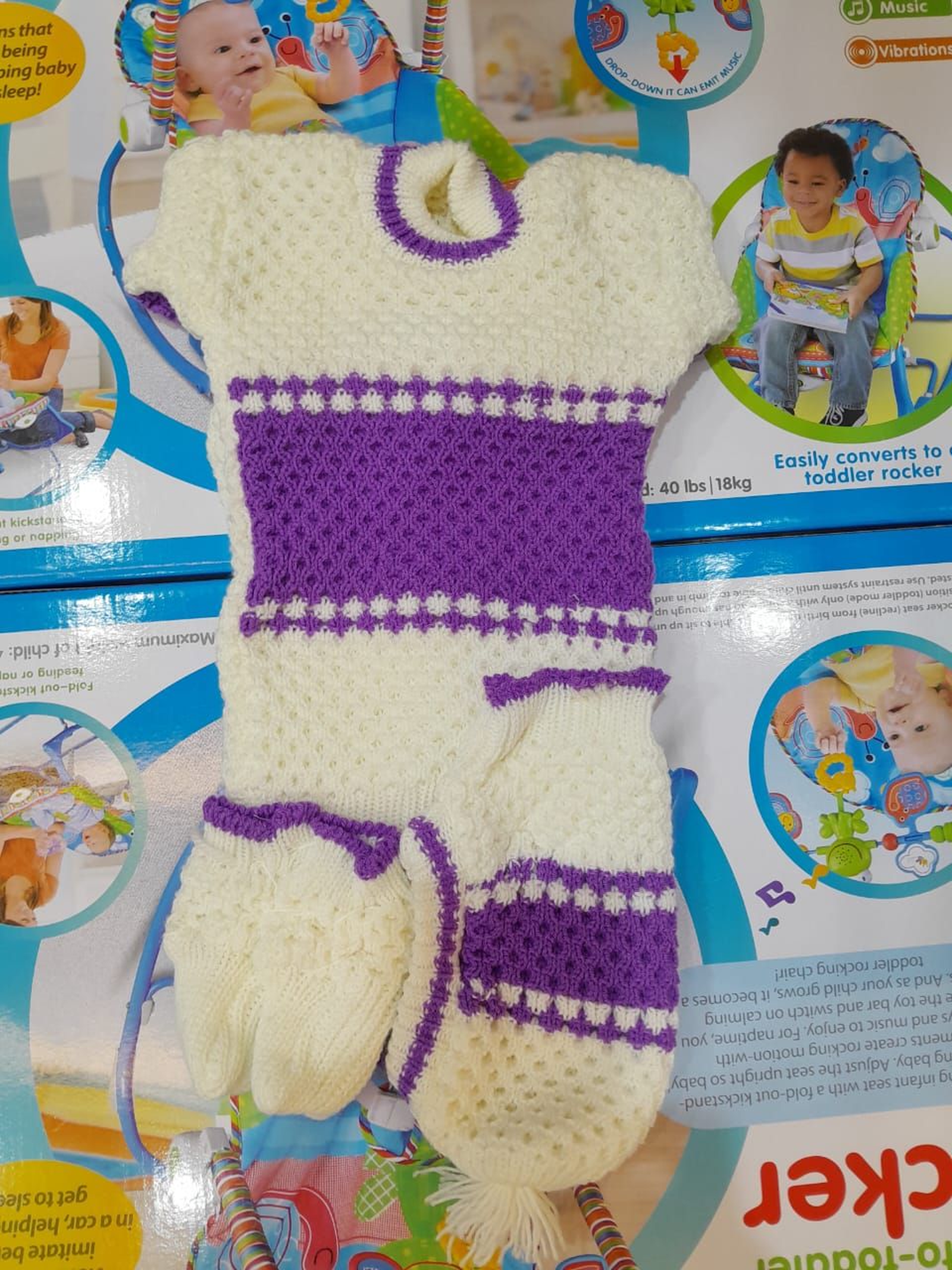 Vintage-Style Knitted Baby Romper Set - Cream & Red 'Nice Baby' Outfit with Matching Booties