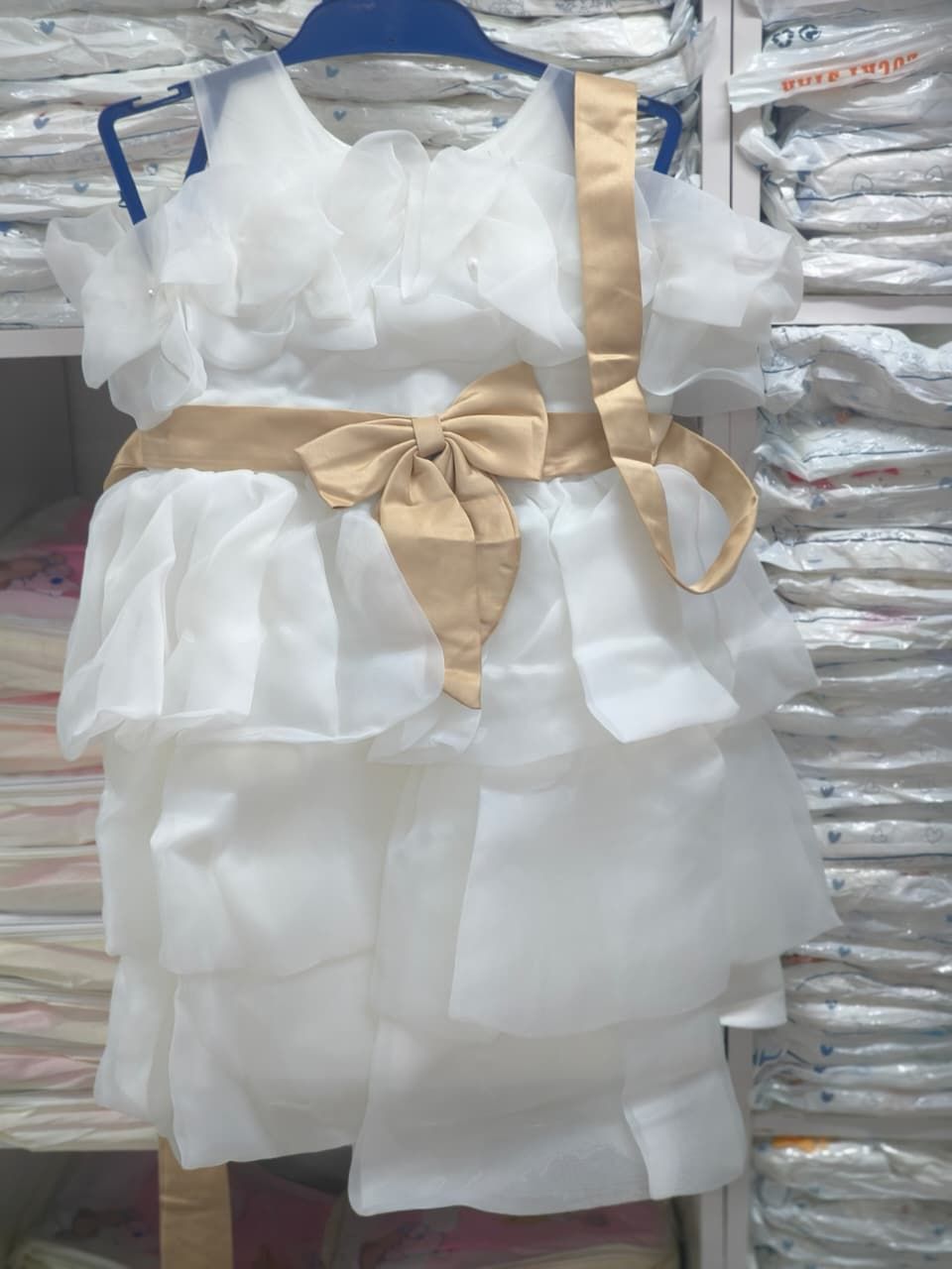 Girls' White Organza Ruffle Dress with Metallic Gold Satin Bow Sash