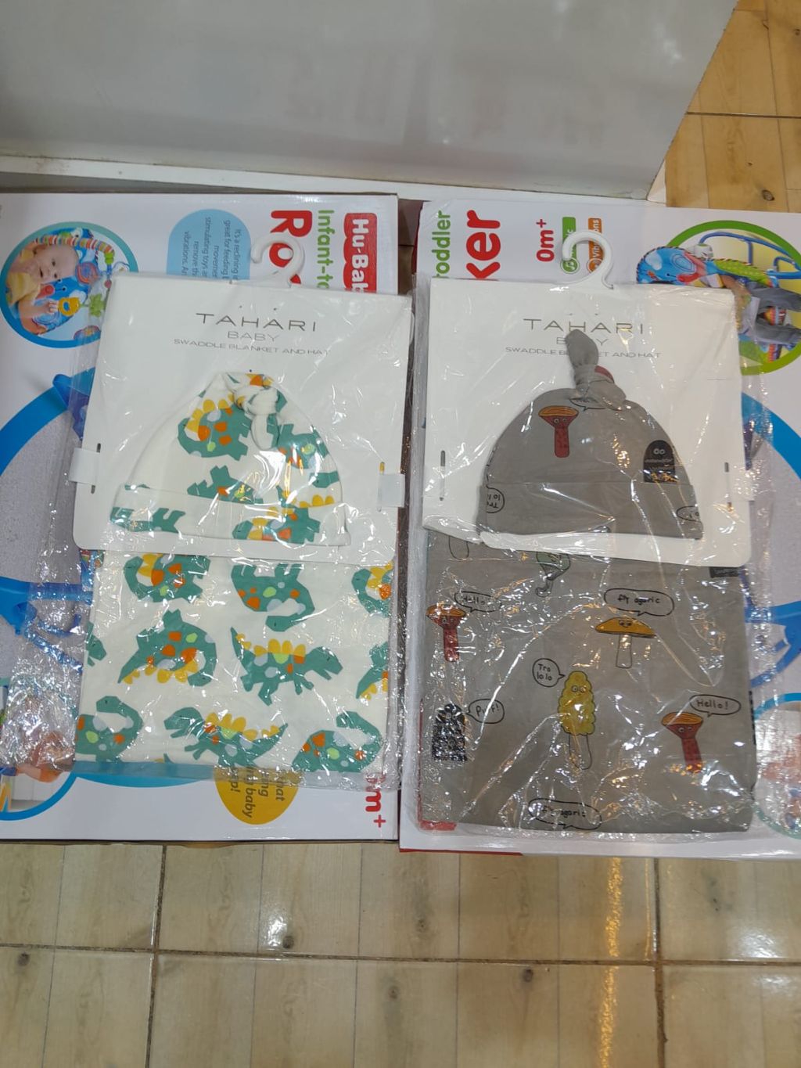 Tahari Baby Swaddle Blanket and Hat Set 2-Pack - Dinosaur and Mushroom Print Cotton Layette