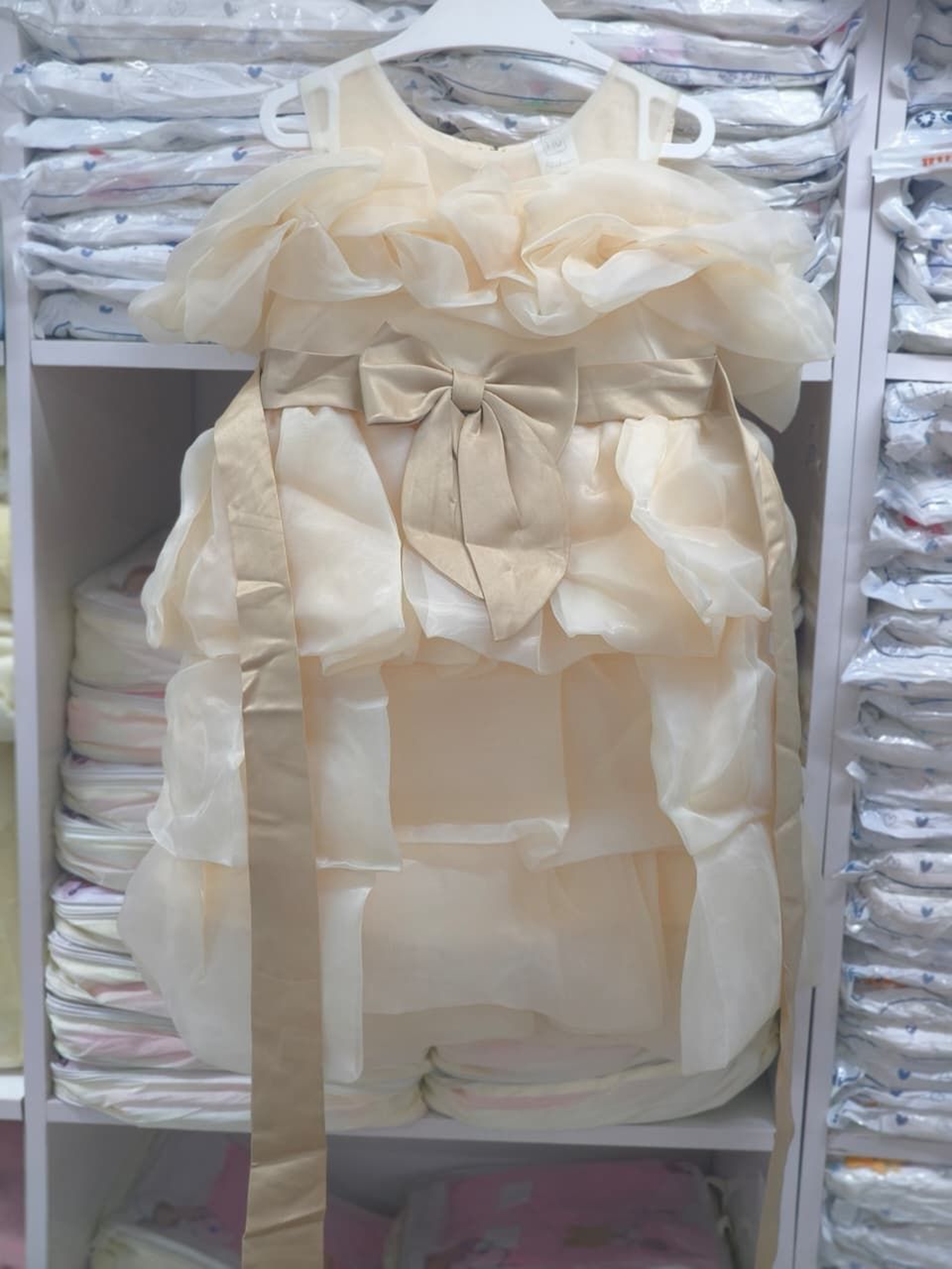 Girls' Peach Organza Tiered Dress with Pearl Accents and Sage Sash