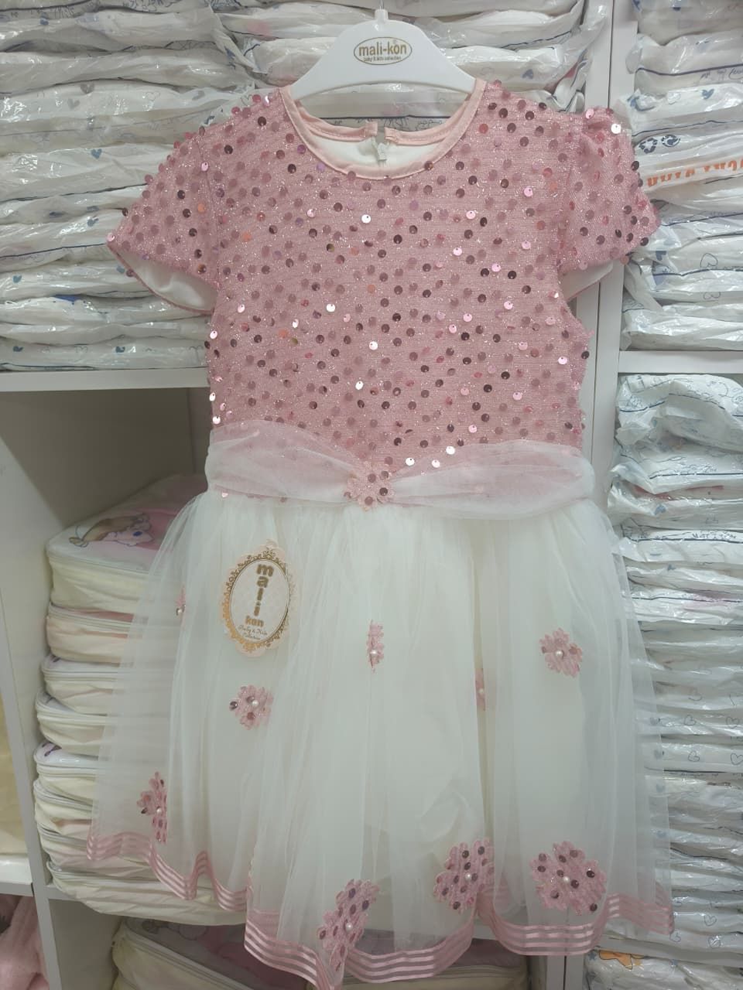 Girls' Pink Sequin Bodice and White Tulle Flower Party Dress