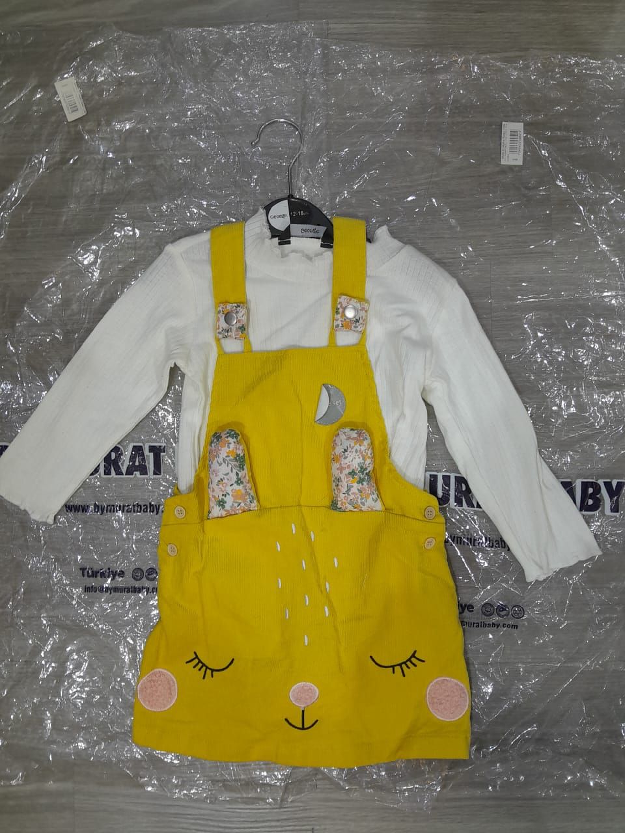 2-Piece Baby Girl Corduroy Dungaree Dress & White Top Set Yellow Bunny/Sleeping Face Pinafore Dress Outfit with Long Sleeve Top
