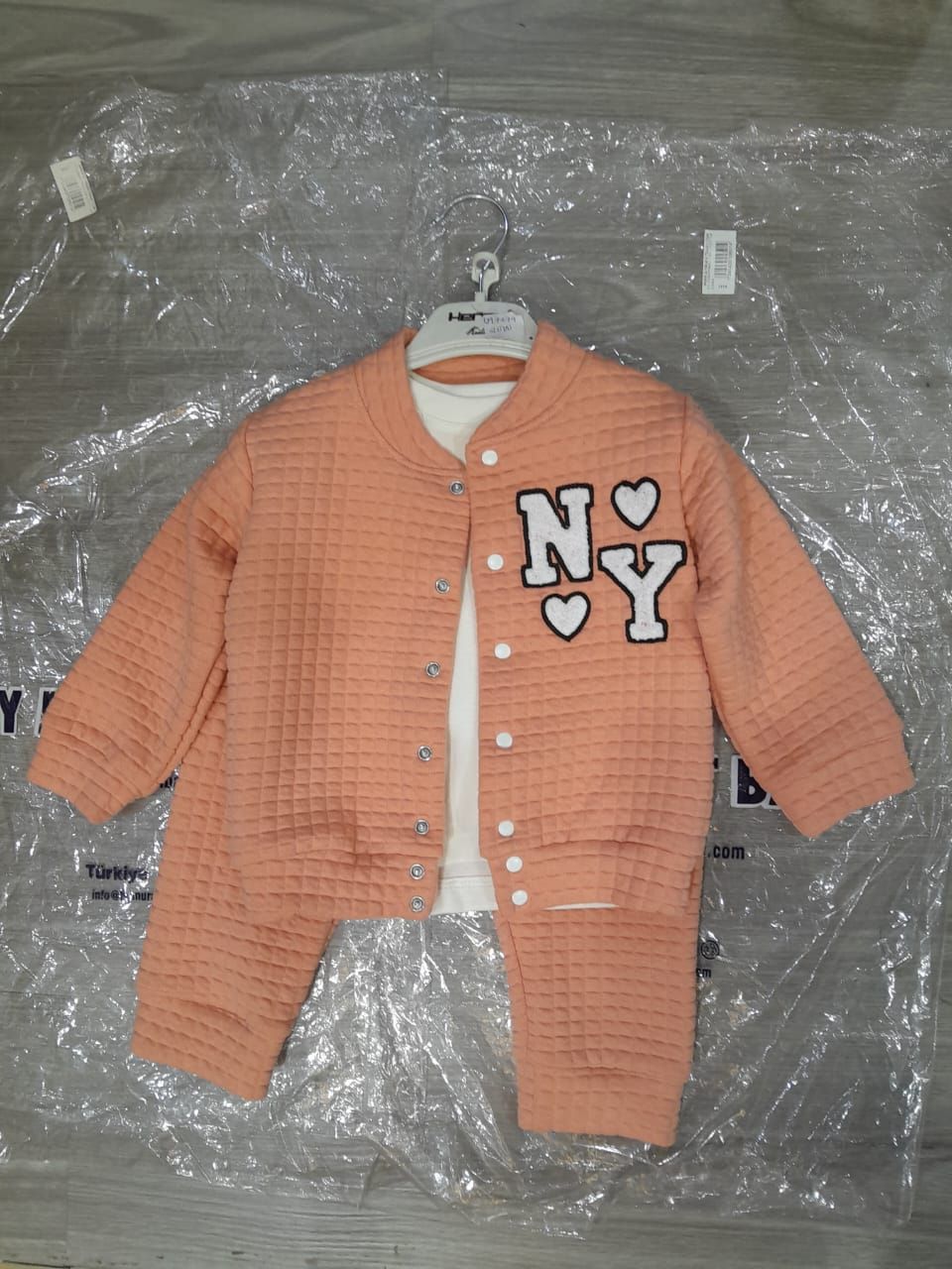 3-Piece Baby/Toddler Quilted Jacket, Top, and Trousers Set Peach/Coral Quilted Bomber Jacket and Joggers Outfit with T-shirt