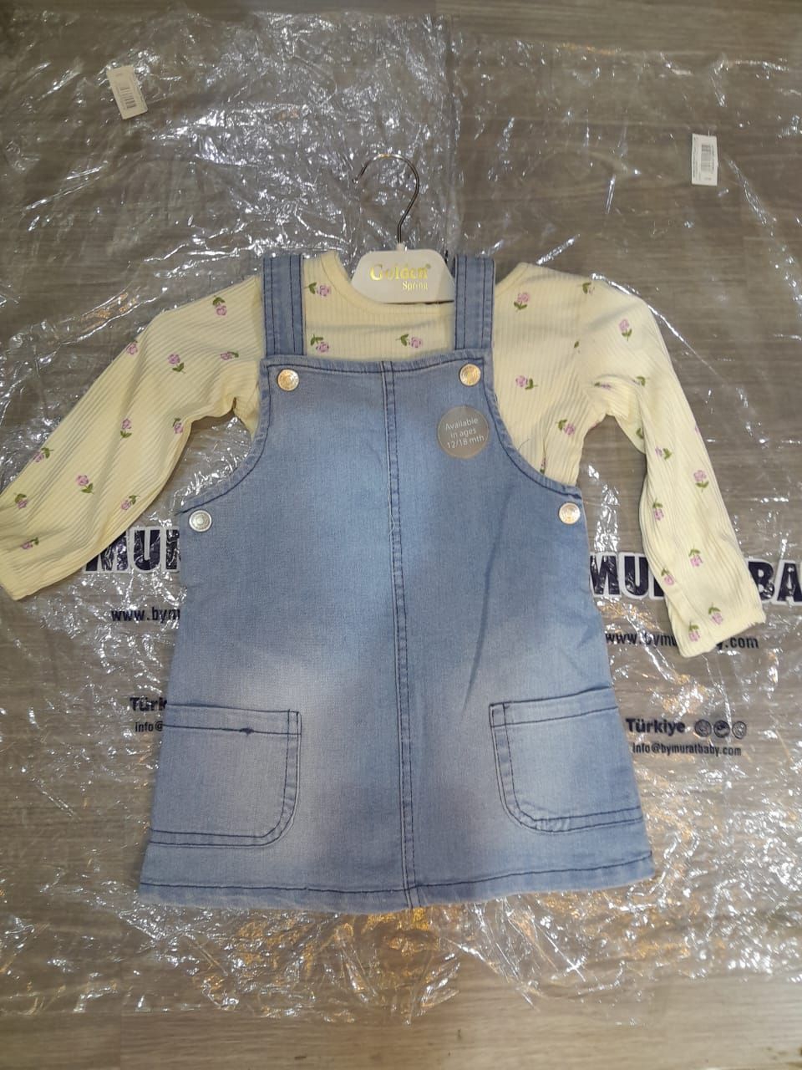 2-Piece Baby Girl Denim Dungaree Dress & Floral Ribbed Top Set Light Wash Denim Pinafore Dress with Long Sleeve Yellow Top Outfit