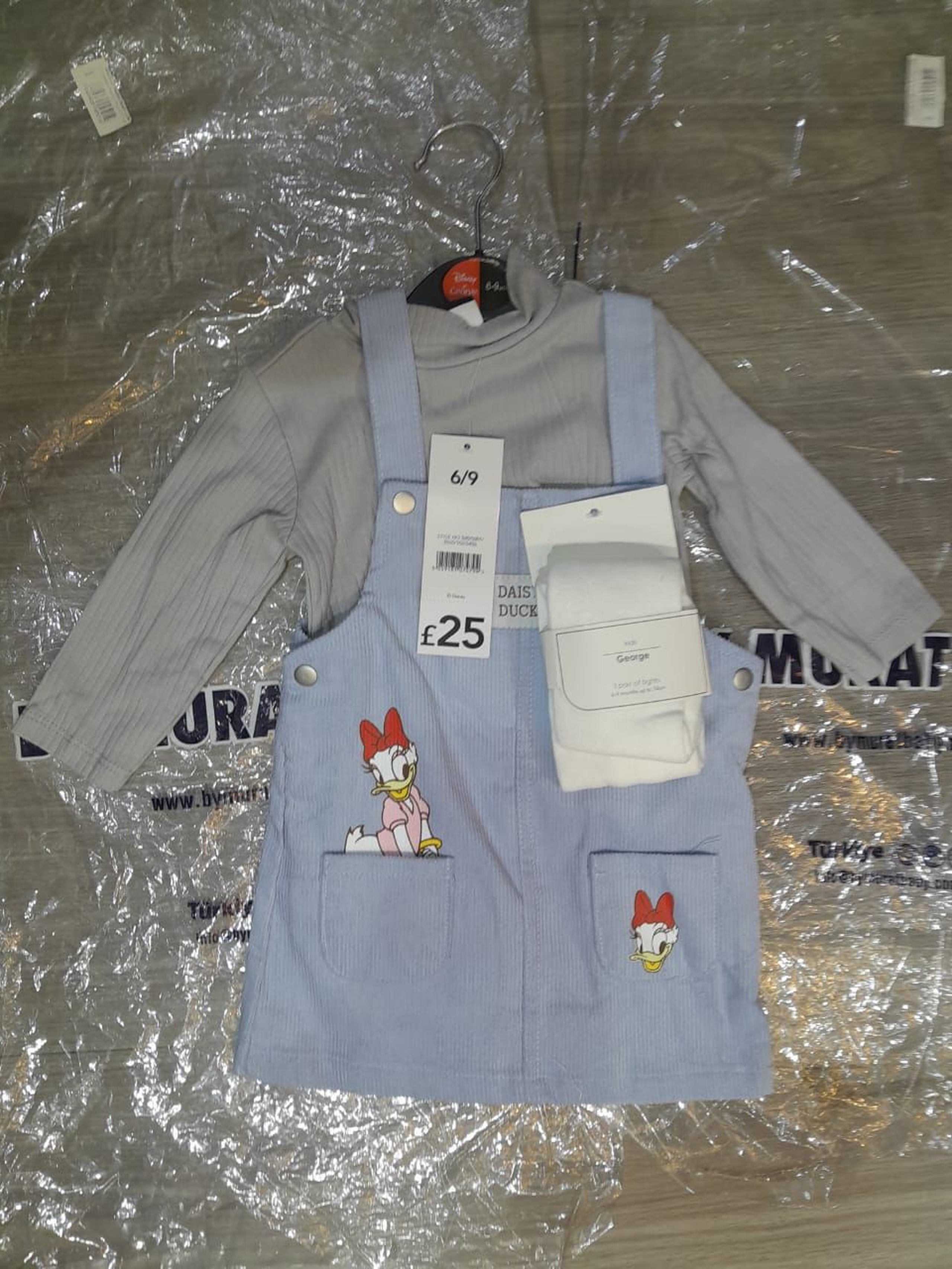 Disney Daisy Duck 3-Piece Cord Dungaree Dress, Top, & Tights Set Baby Girl Disney Daisy Duck Light Blue Corduroy Pinafore Outfit