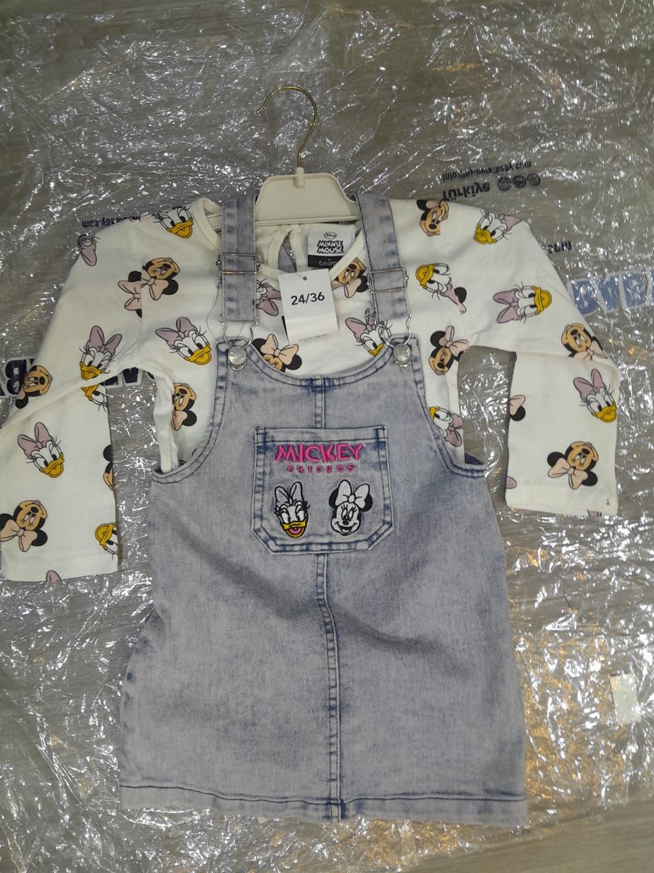 Disney Minnie Mouse & Daisy Duck 2-Piece Denim Dungaree Dress Set Baby Girl Mickey Friends Denim Pinafore Dress & Long Sleeve Top Outfit