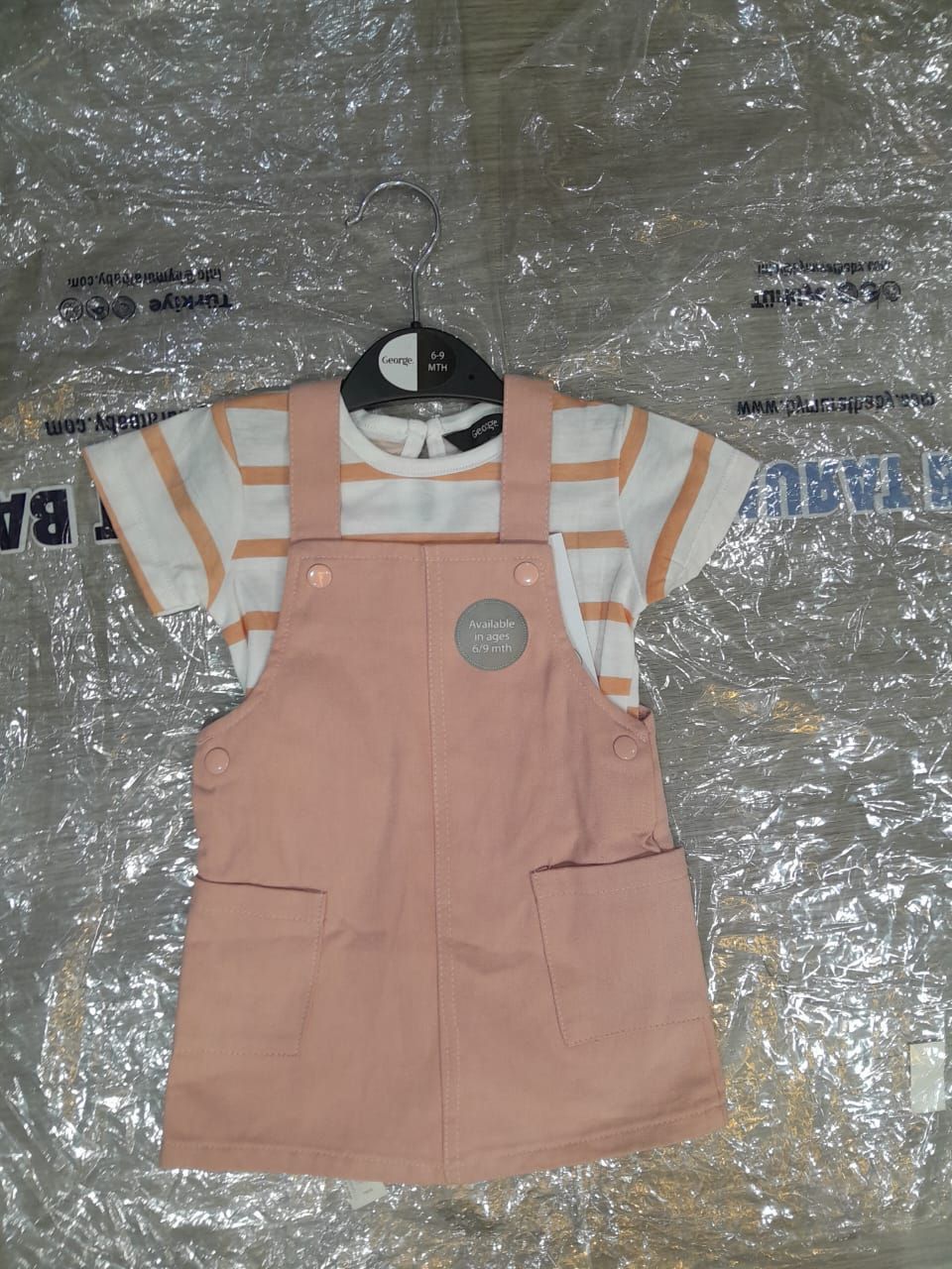 2-Piece Baby Girl Dungaree Dress & T-shirt Set Solid Color Pinafore Dress and Striped Short Sleeve Top Outfit