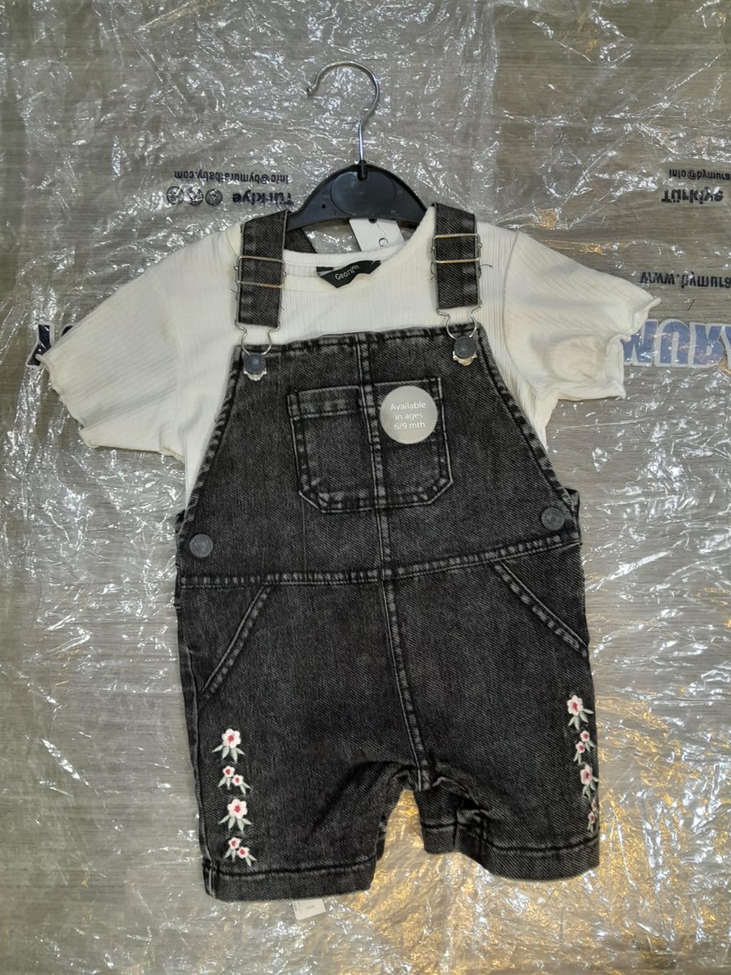 2-Piece Baby Girl Washed Black Denim Short Dungaree & Ribbed Top Set Floral Embroidered Black Denim Overall Romper with White T-Shirt