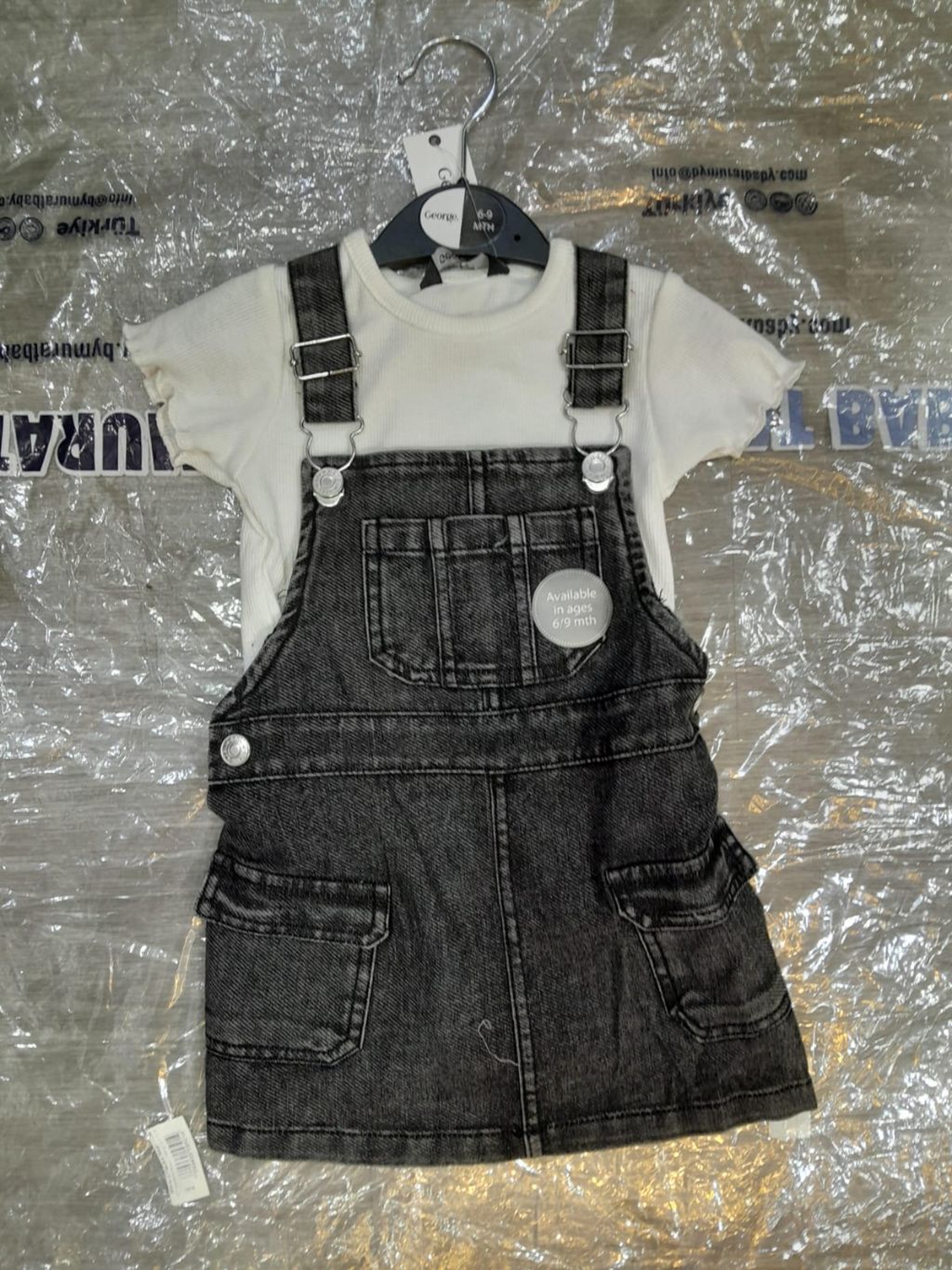 2-Piece Baby Girl Dungaree Dress & T-shirt Set Solid Color Pinafore Dress and Striped Short Sleeve Top Outfit