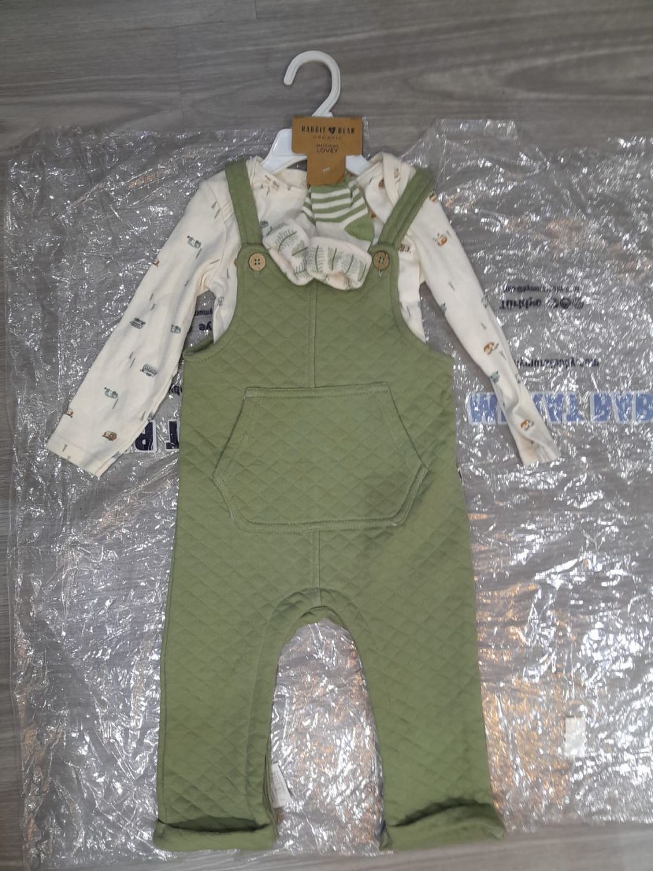 Cozy Baby Unisex Quilted Sage Green Overalls and Long Sleeve Tee Set Full-Length Quilted Dungaree Jumpsuit, Printed Top, and  a pair of socks