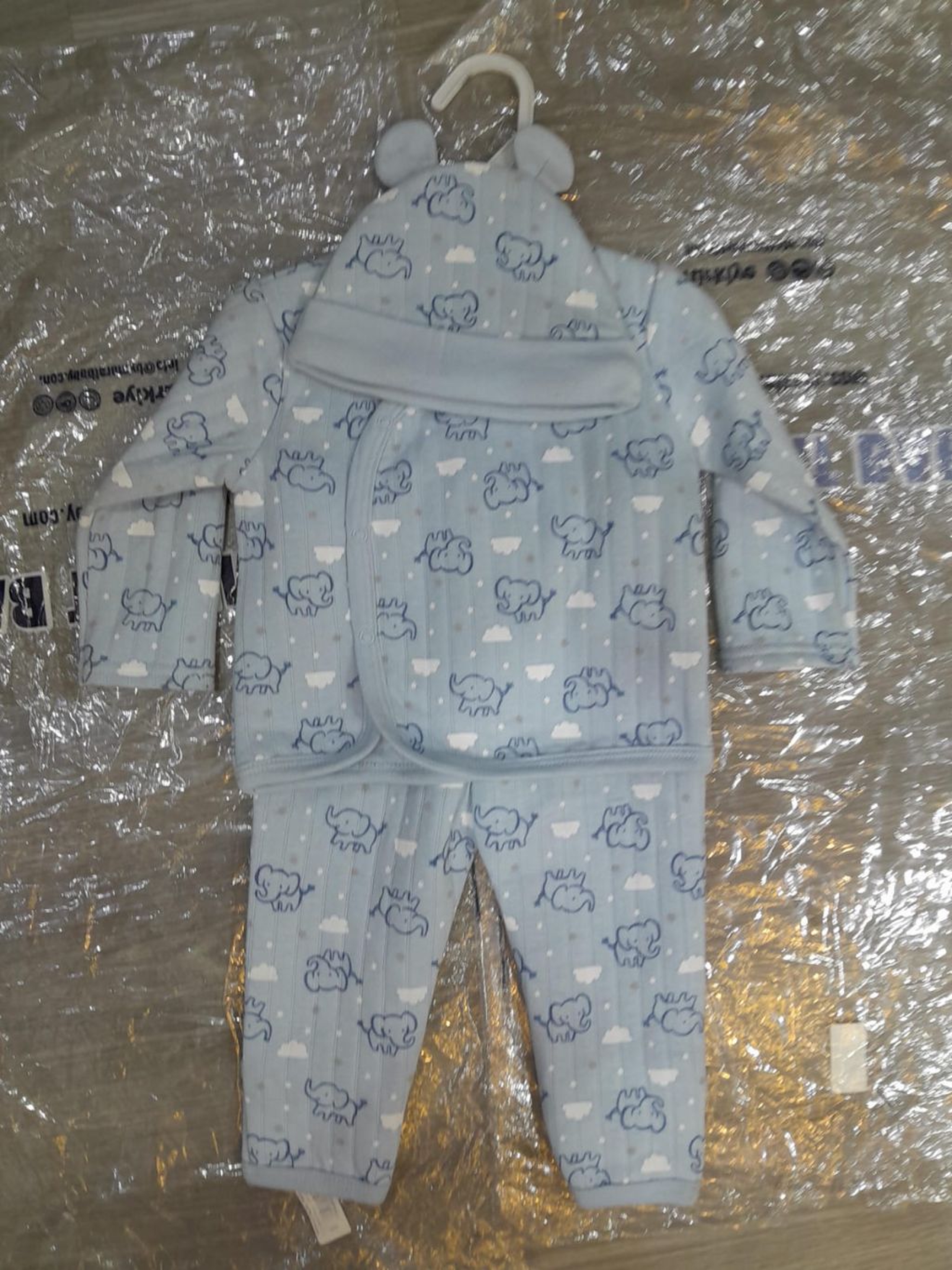 3-Piece Baby Elephant Print Hat, Jacket, and Trousers Outfit Set Newborn Blue Elephant Pattern Wrap Top, Bottoms, and Beanie Set