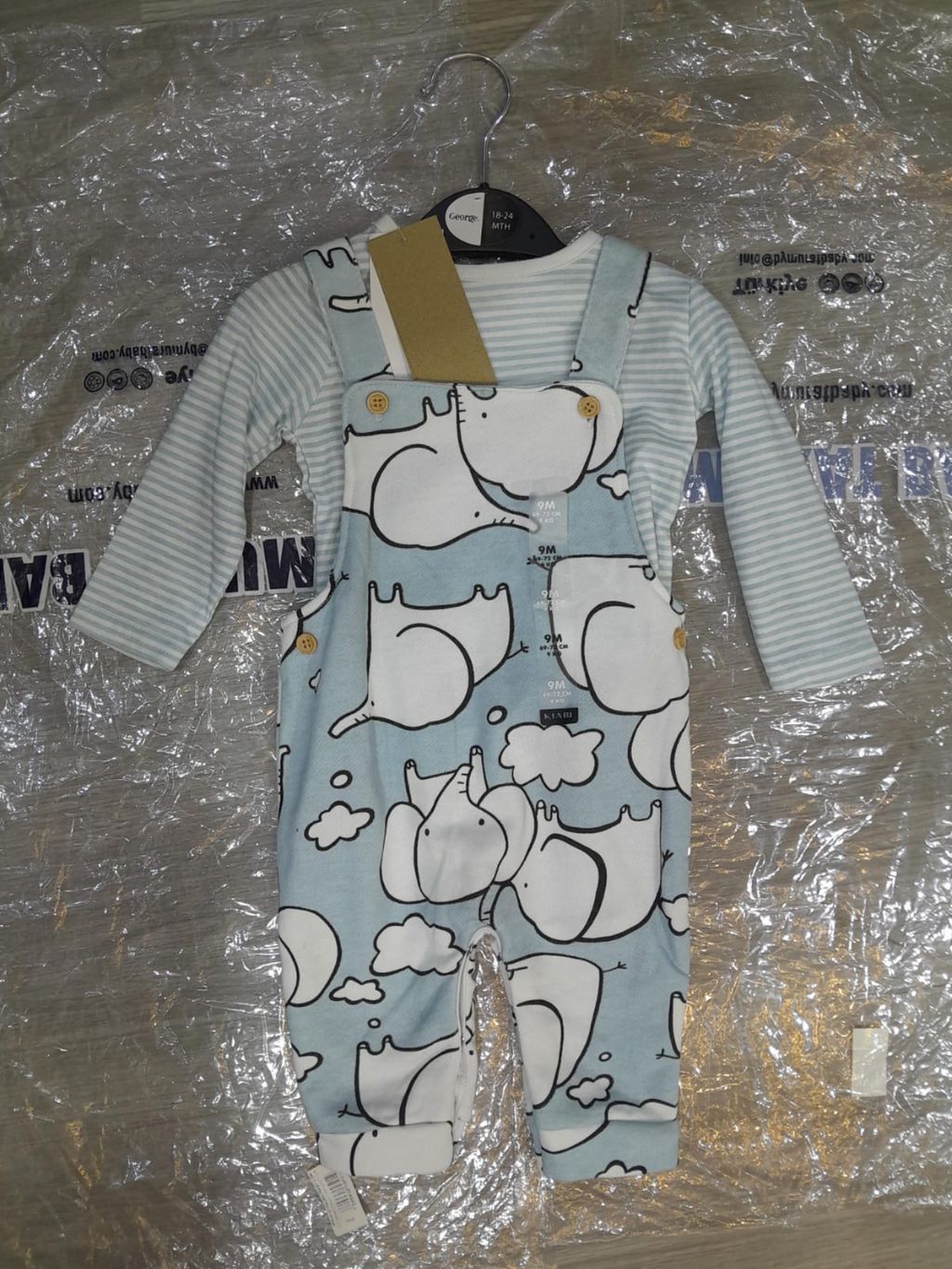 2-Piece Baby Elephant Print Dungaree Overalls & Striped Top Set Blue Elephant & Clouds Jumpsuit with Long Sleeve Stripe T-shirt