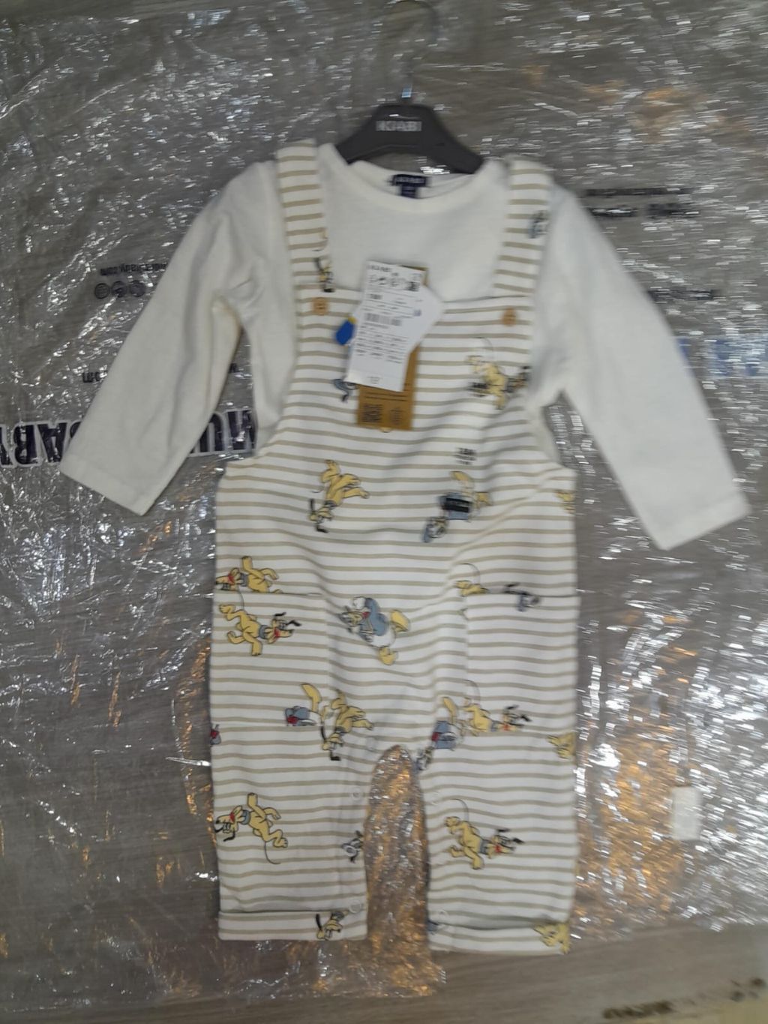 2-Piece Baby Striped Character Dungaree Overalls & White Top Set Baby Boy/Girl Long Sleeve Top and Printed Striped Full-Length Dungaree Outfit