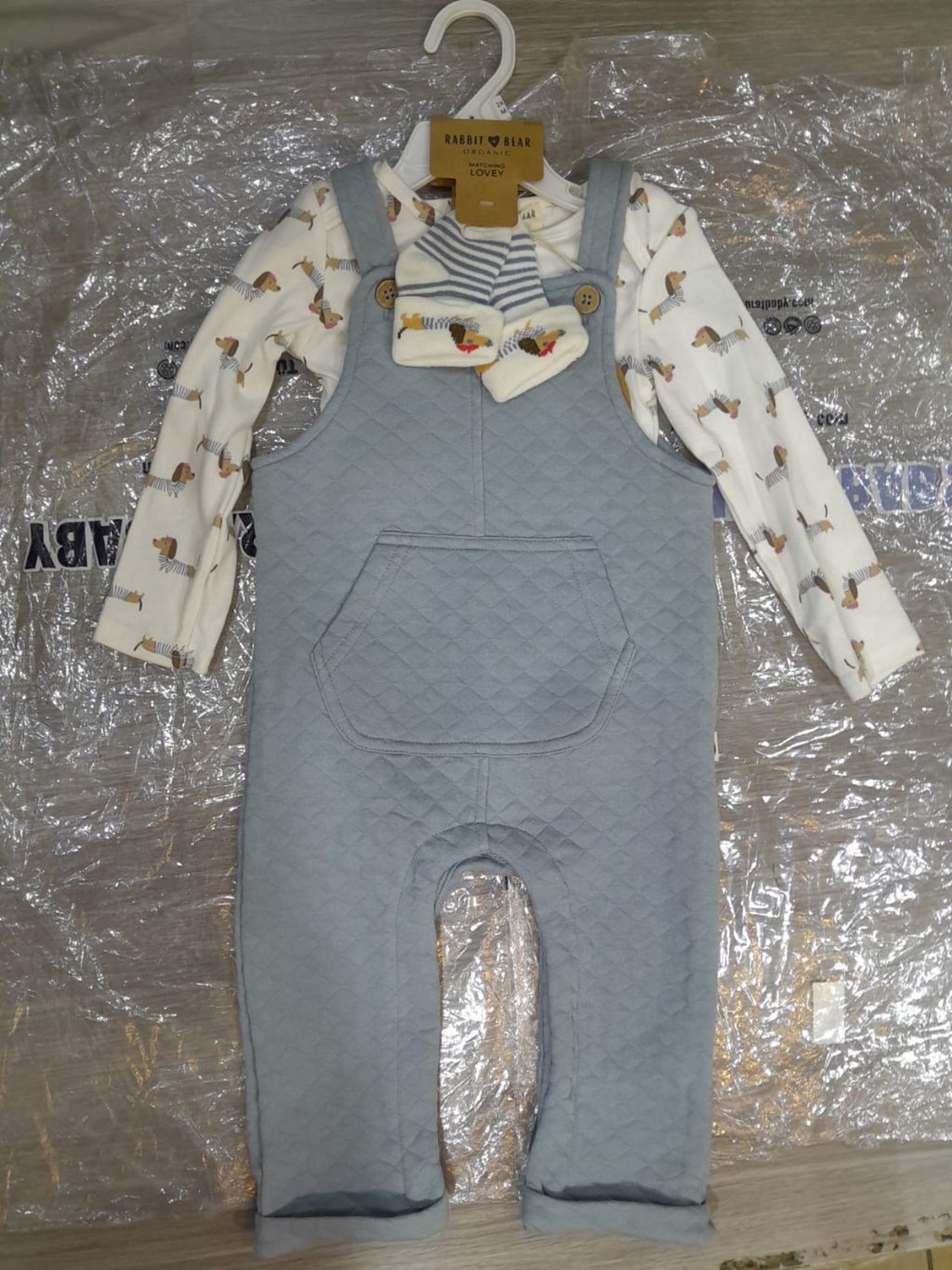 Cozy Baby Unisex Quilted Sage Green Overalls and Long Sleeve Tee Set Full-Length Quilted Dungaree Jumpsuit, Printed Top, and  a pair of socks