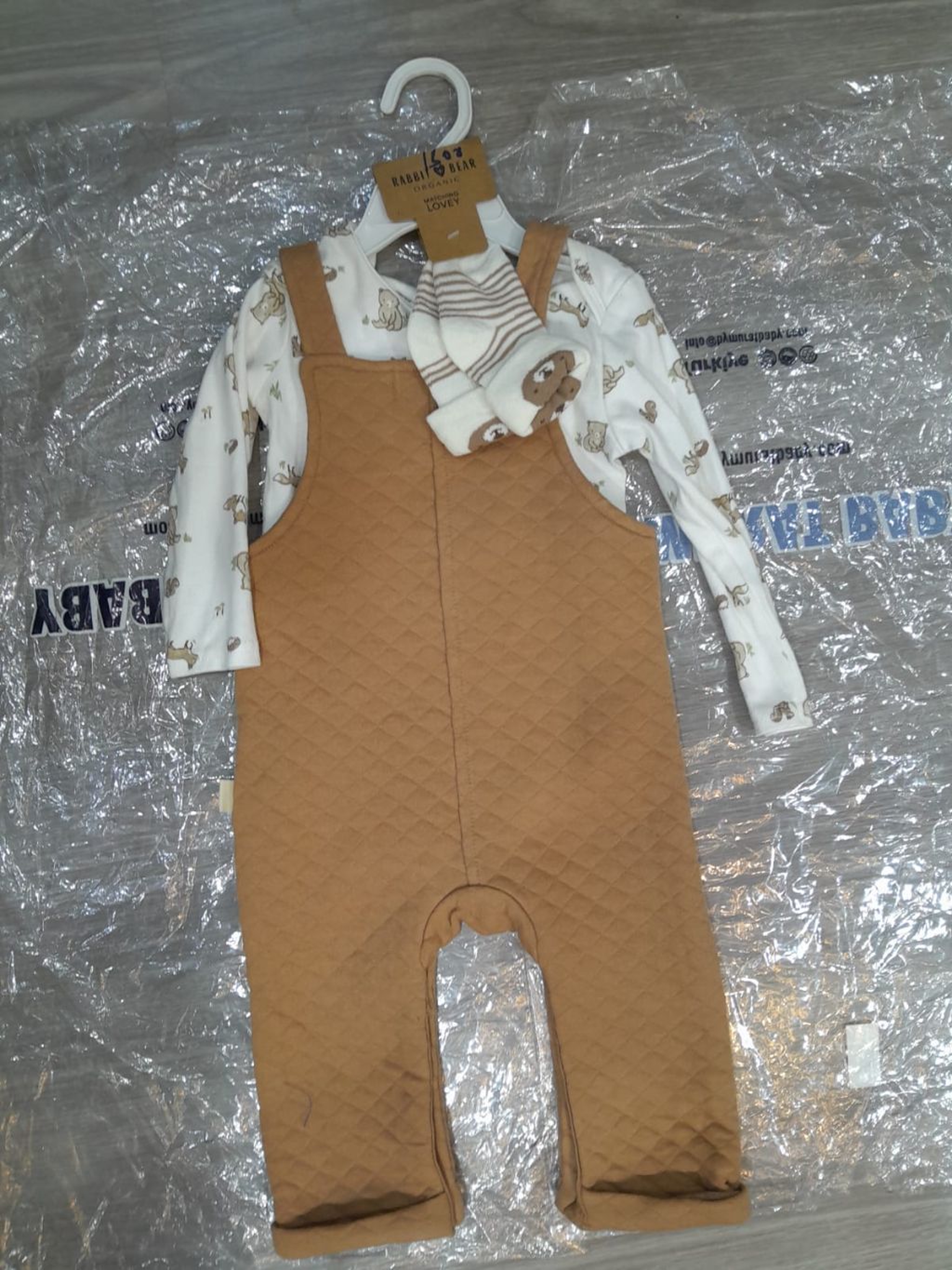 Cozy Baby Unisex Quilted Sage Green Overalls and Long Sleeve Tee Set Full-Length Quilted Dungaree Jumpsuit, Printed Top, and  a pair of socks