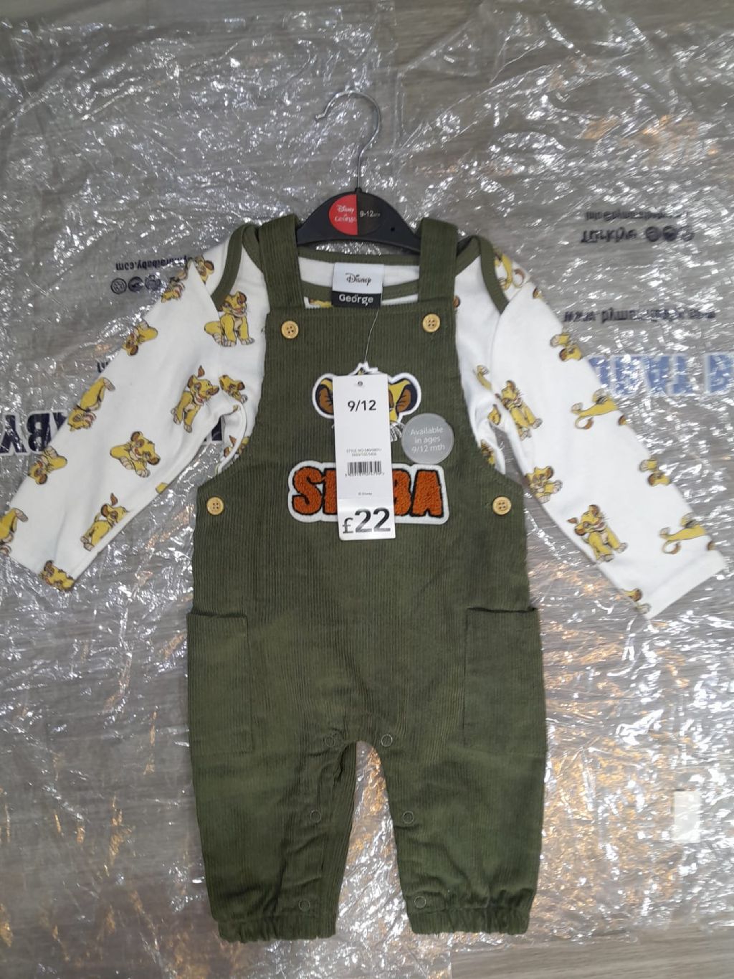 2-Piece Infant Corduroy Dungaree Jumpsuit with All-Over Simba Print Top George Brand Lion King Themed Overalls and Long Sleeve Bodysuit Set