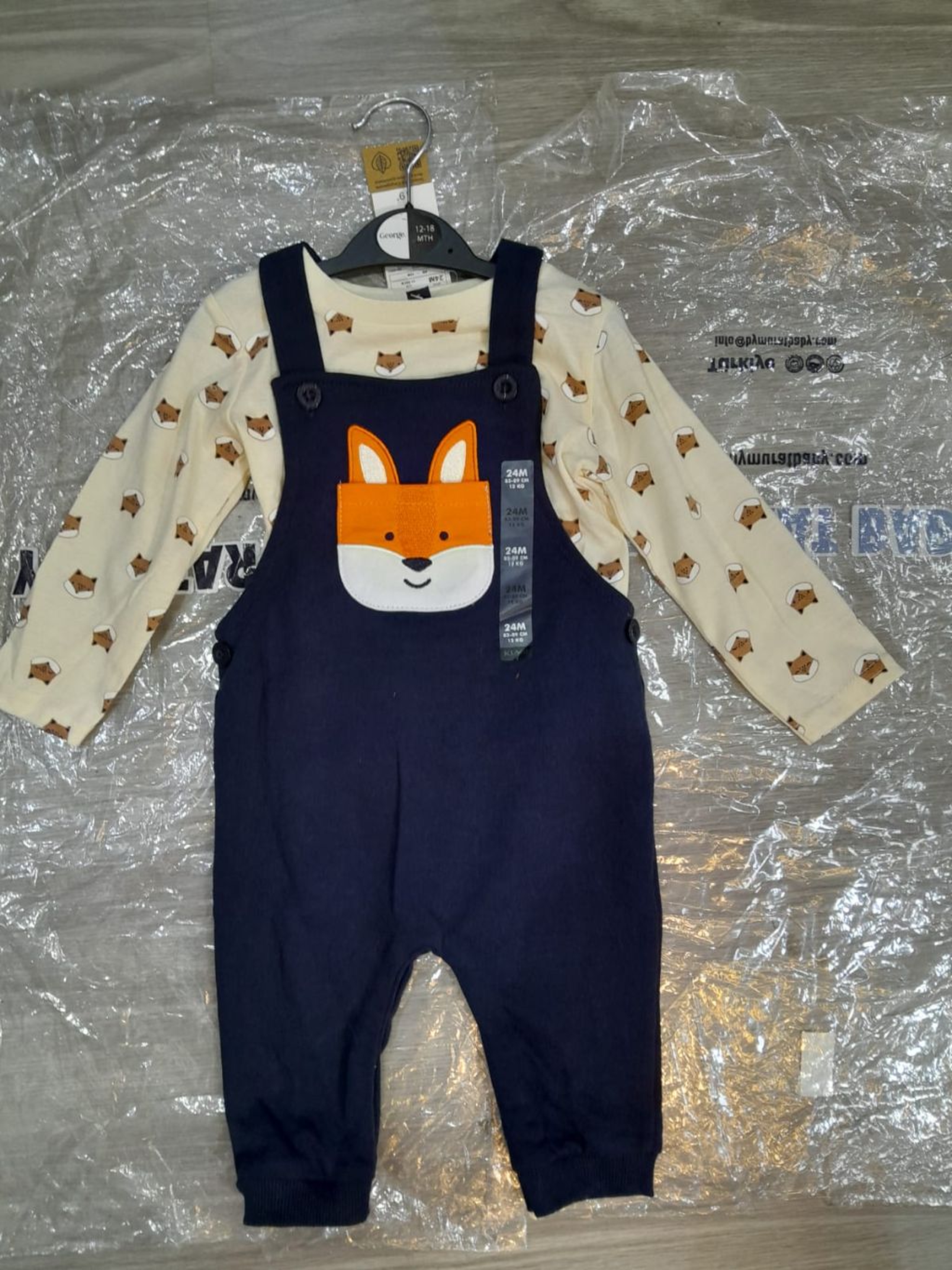 Adorable Baby Little Fox Overalls Outfit with Long Sleeve Top Navy and Cream Fox-Themed Dungaree & Long Sleeve T-shirt Set 