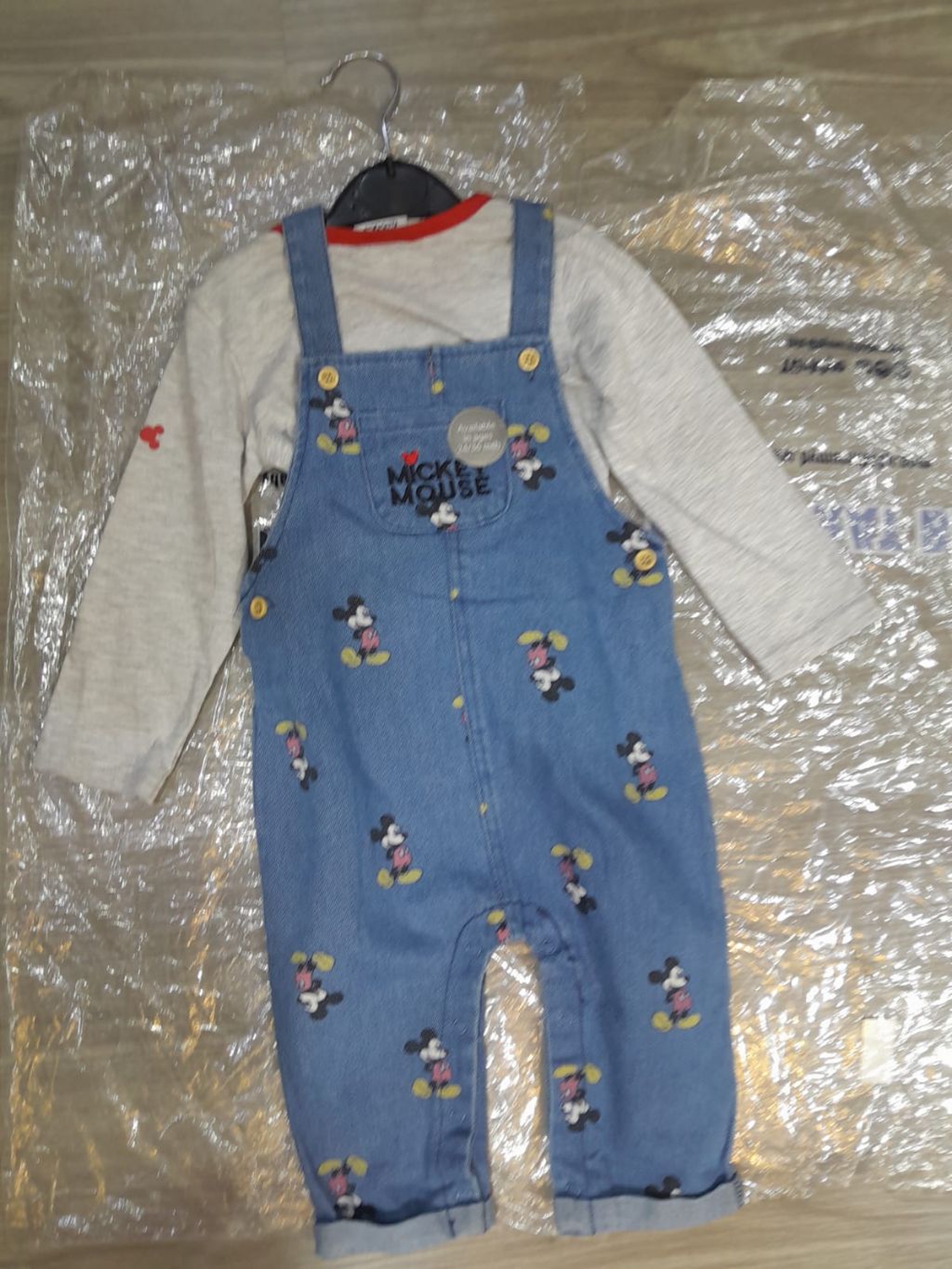 Disney Mickey Mouse 2-Piece All-Over Print Denim Dungaree & Top Set, Light Wash Denim Overalls with Mickey Print & Grey Top Outfit