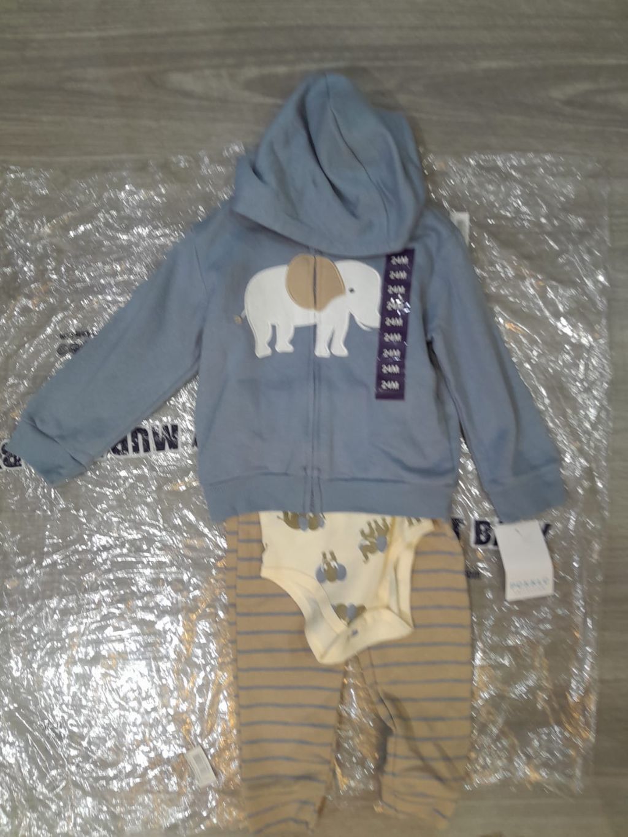 ozy Baby Boy Elephant Theme Zip Hoodie & Striped Bottoms Outfit 3-Piece Mix & Match Elephant Jacket, Creeper, and Pants Set