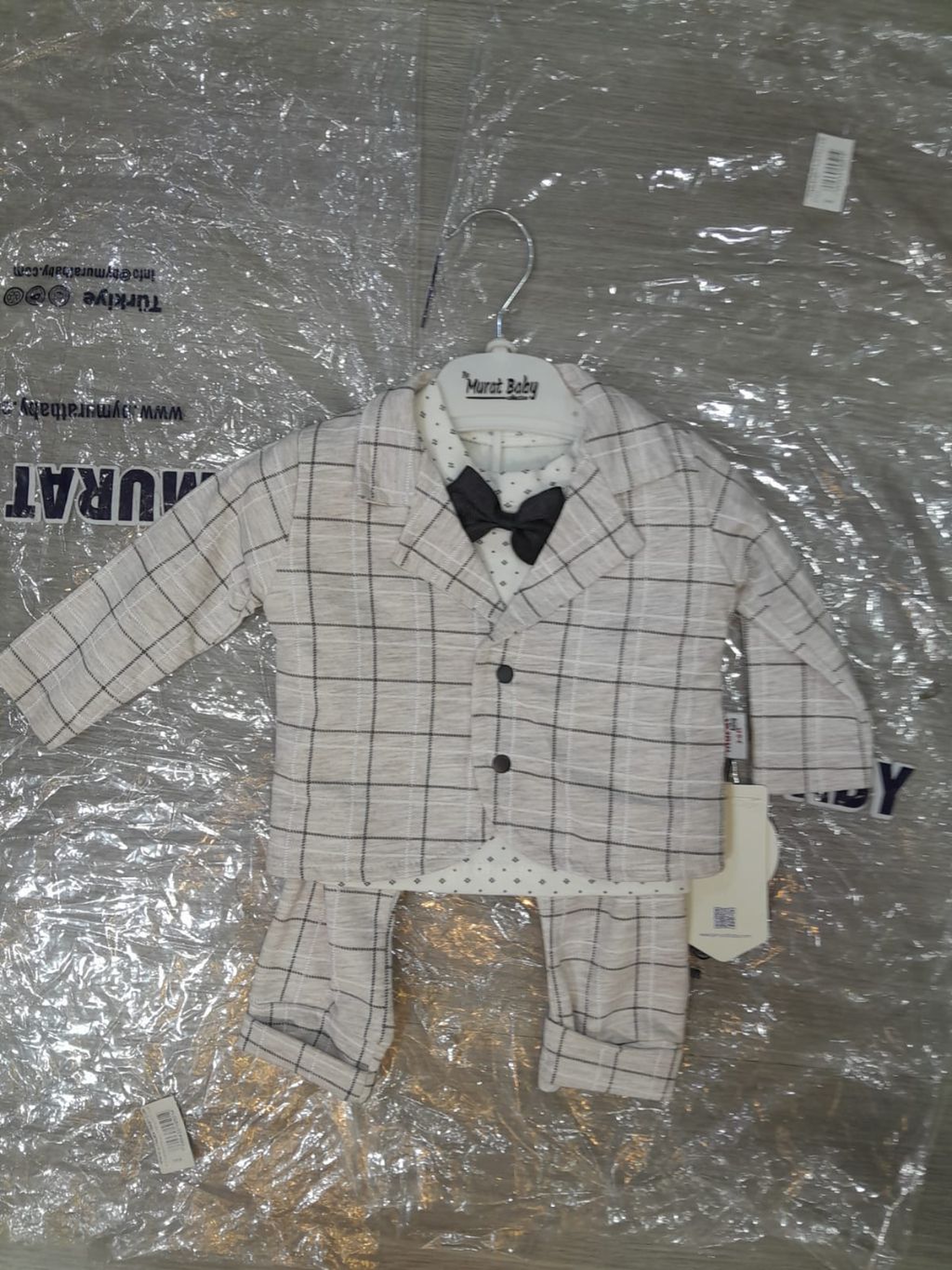 Full Suit Set: Checkered Jacket, Polka Dot Top, Bow Tie, and Trousers