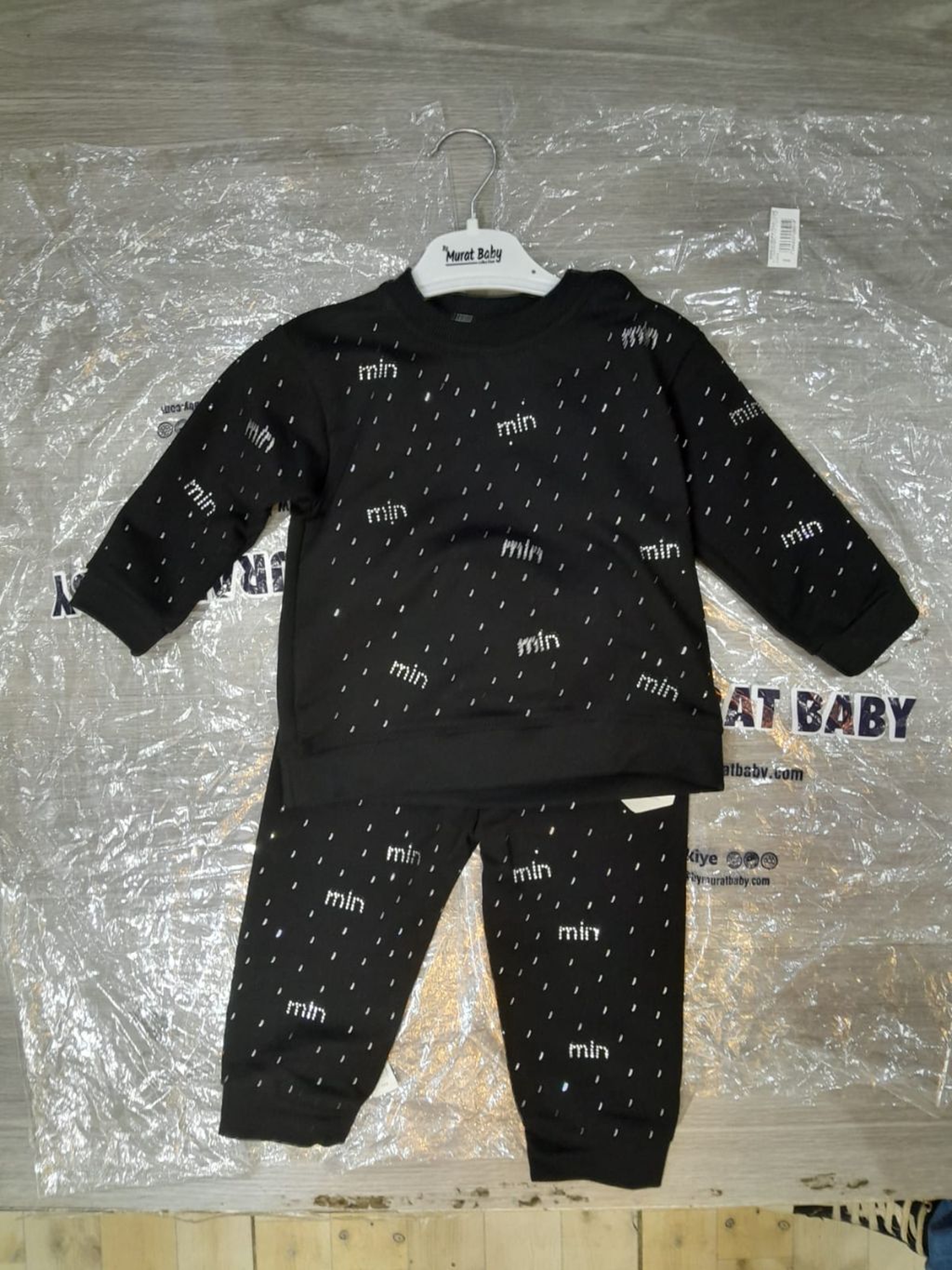 Black “Mini” Printed Baby Tracksuit Set – Long Sleeve Top & Jogger Pants