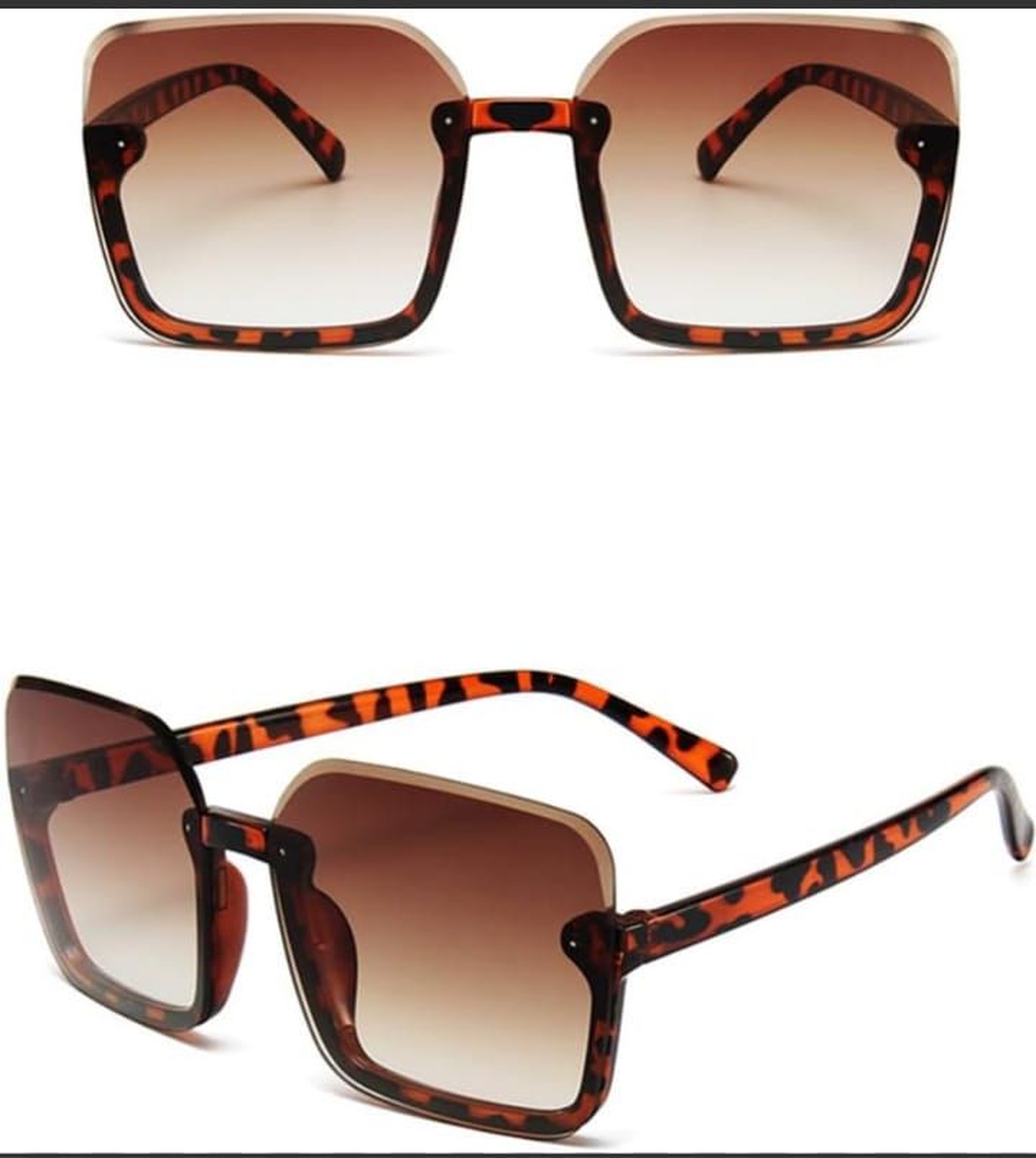 Women Sun glasses, Oversized square brown tinted, half rimmed sunglasses