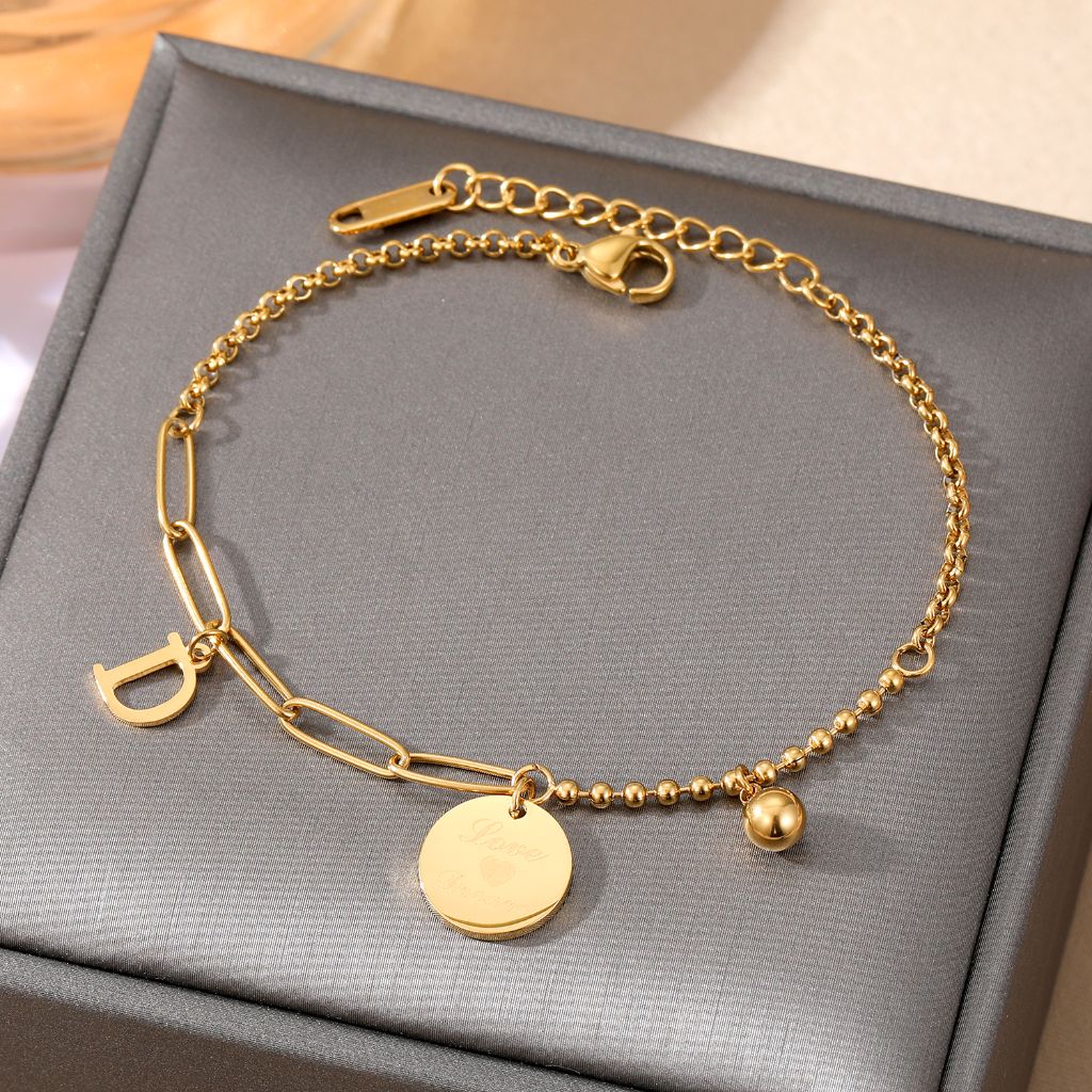 Letter D Stainless Steel Gold Bracelet