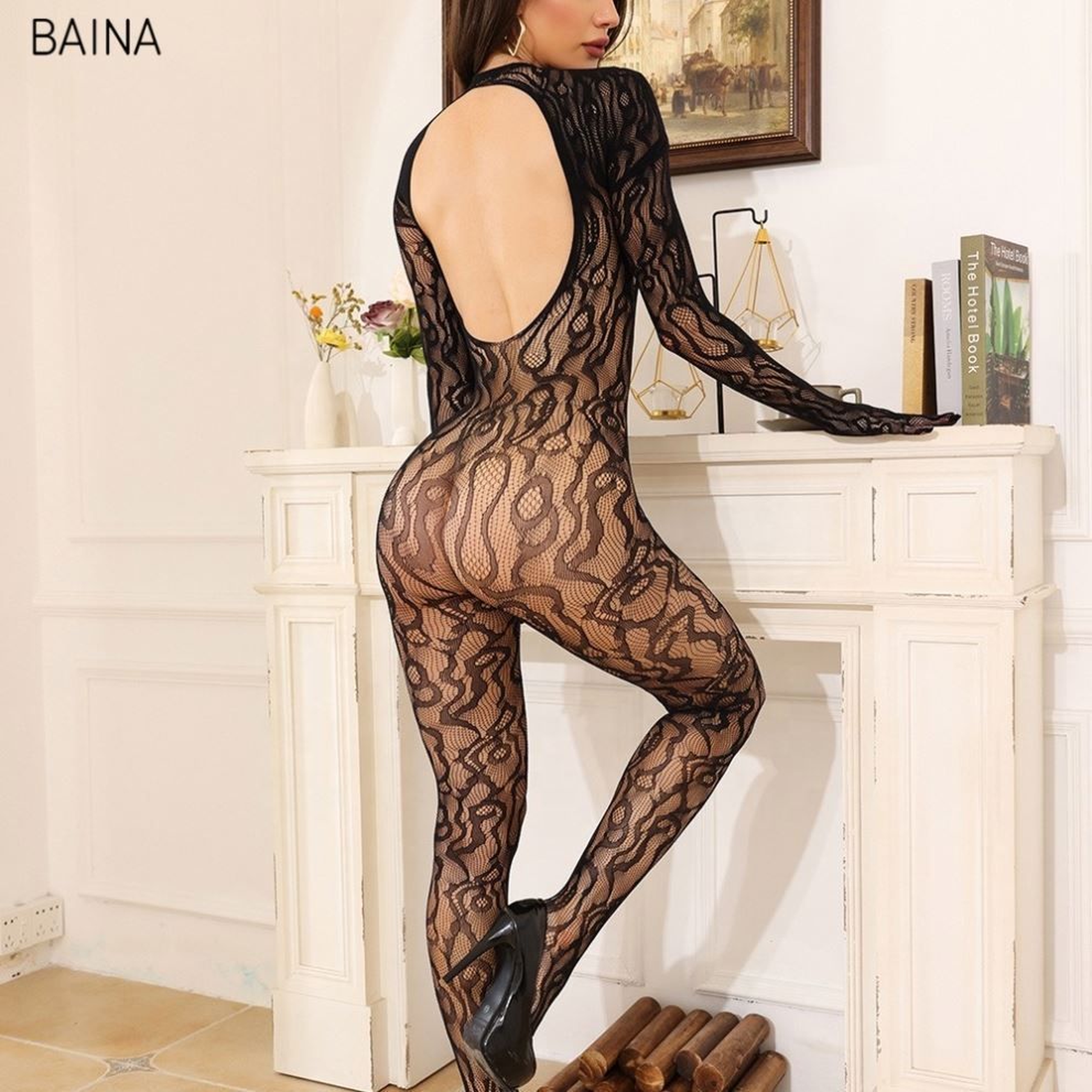 Long-sleeve Lace Backless Bodystocking 