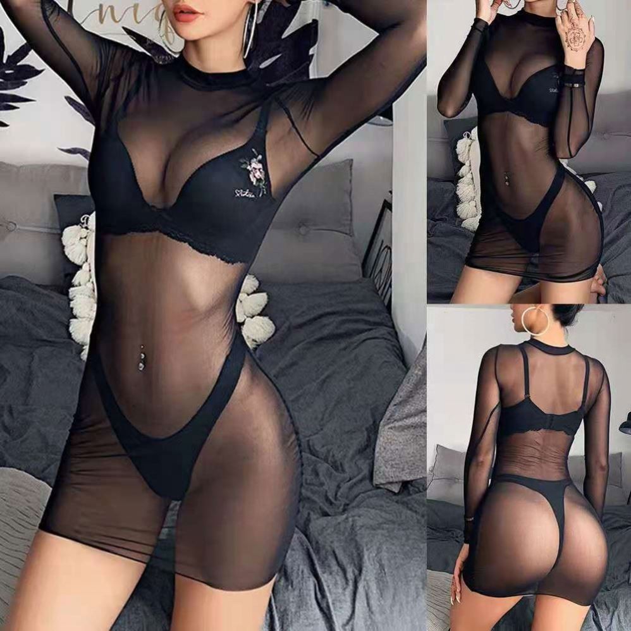Sexy Long-Sleeved See-Through Night Dress
