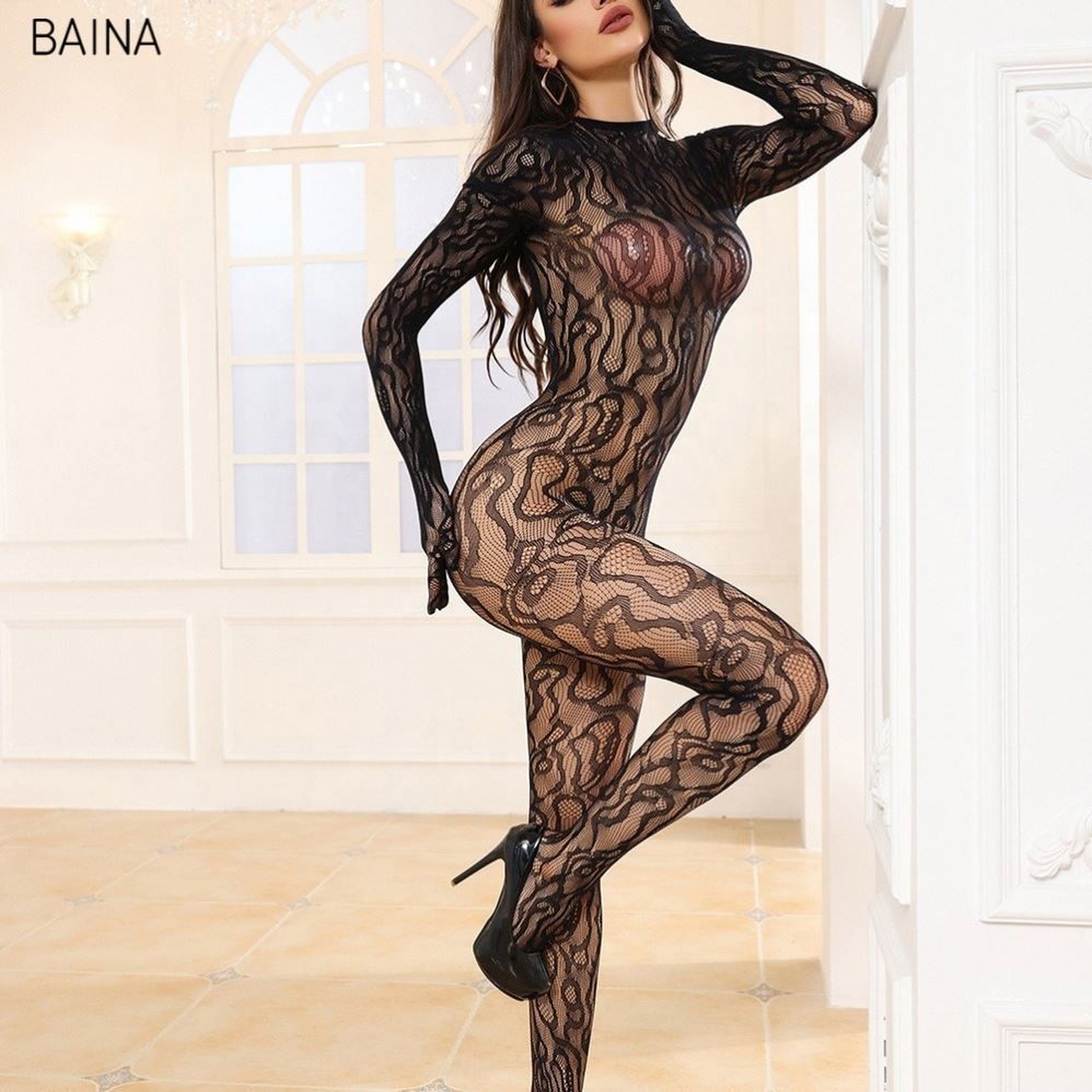 Long-sleeve Lace Backless Bodystocking 