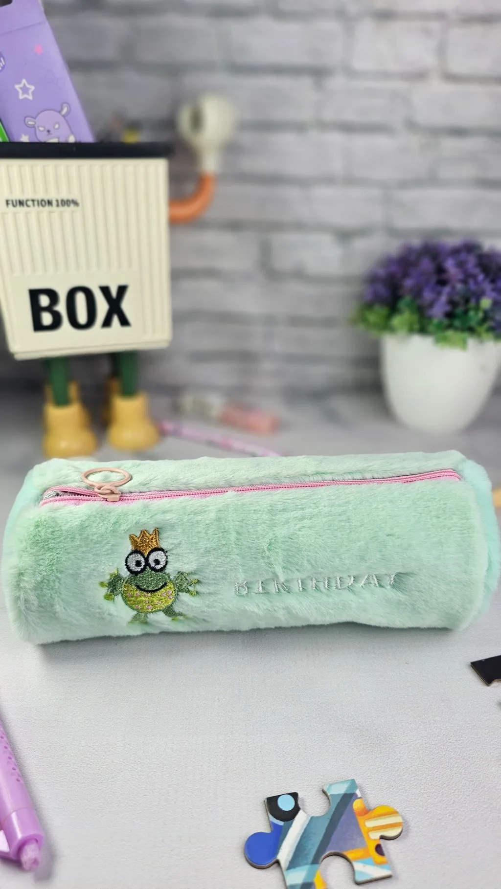 Green fluffy soft pencil case/pouch/bag/organizer