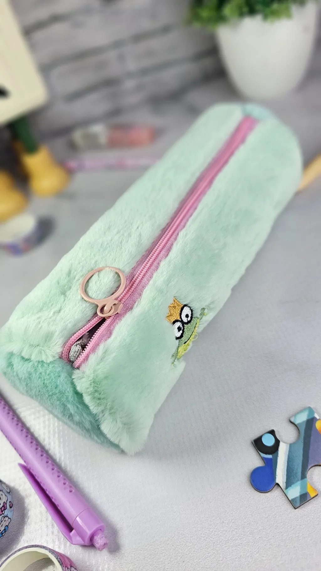 Green fluffy soft pencil case/pouch/bag/organizer