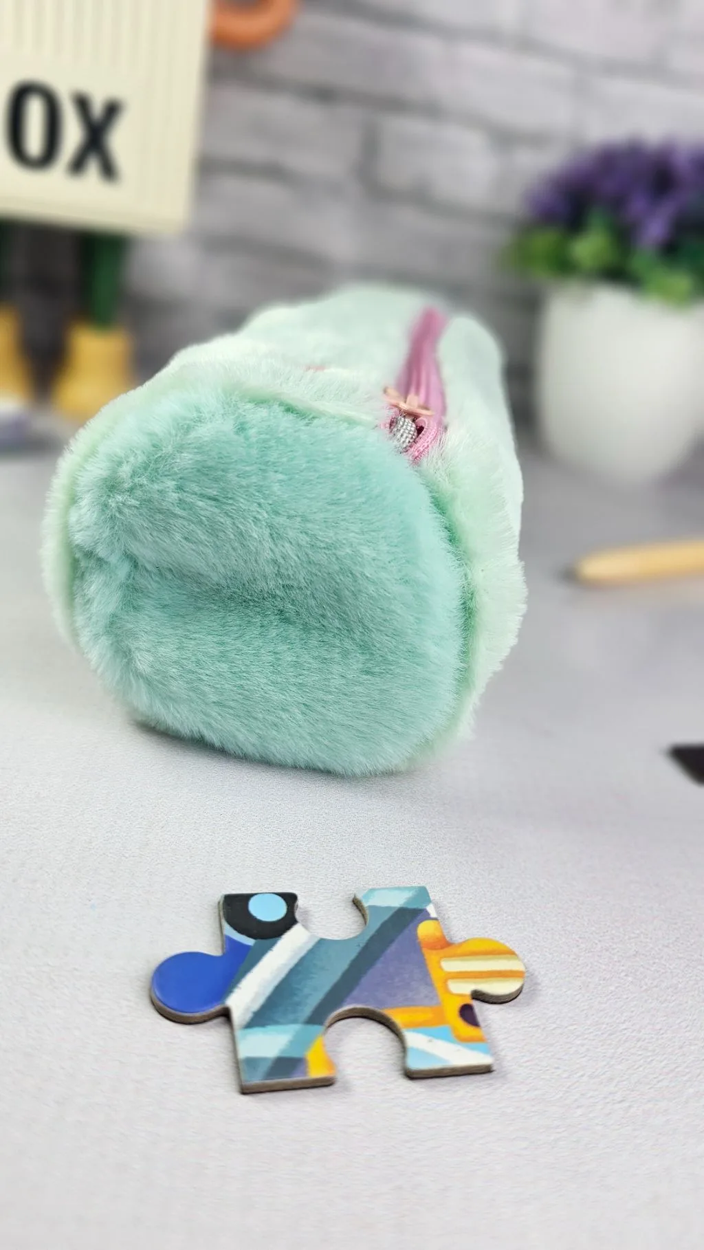 Green fluffy soft pencil case/pouch/bag/organizer