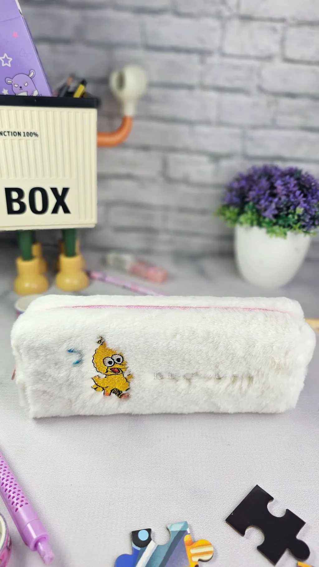 White fluffy pencil pouches/case/organizer/bag