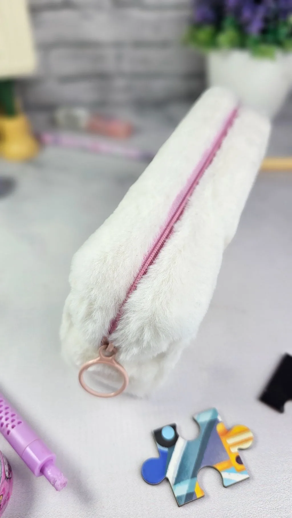 White fluffy pencil pouches/case/organizer/bag