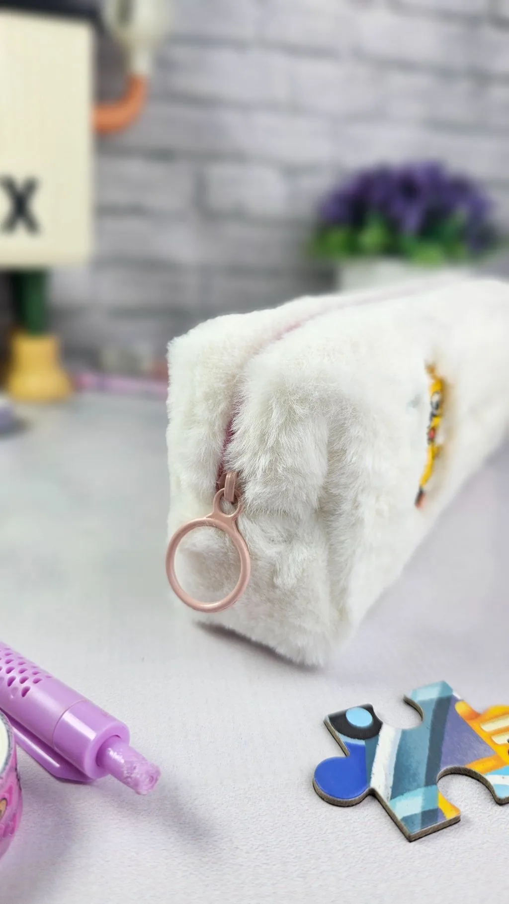 White fluffy pencil pouches/case/organizer/bag