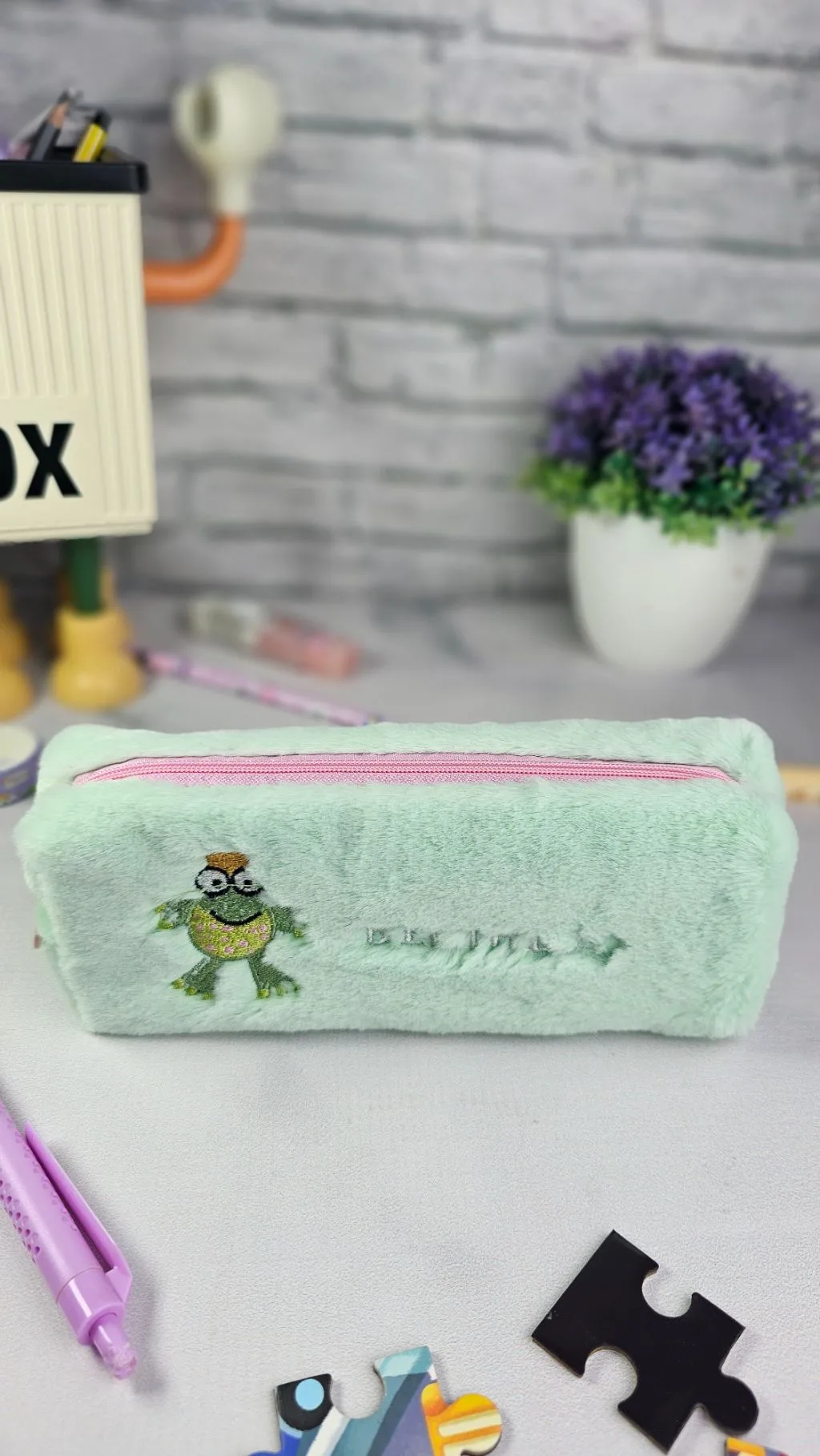 Green fluffy soft pencil case/pouch/bag/organizer