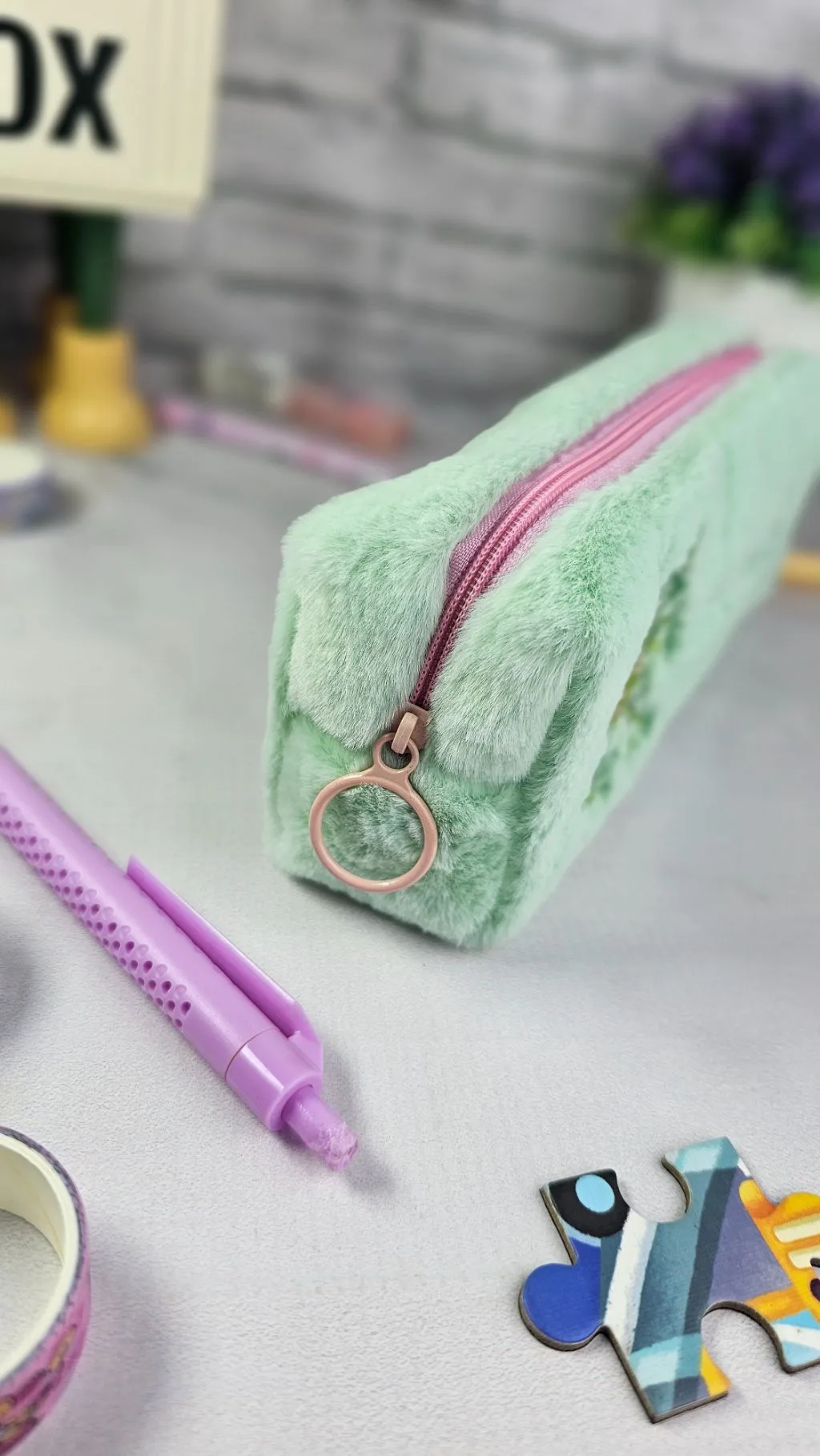 Green fluffy soft pencil case/pouch/bag/organizer