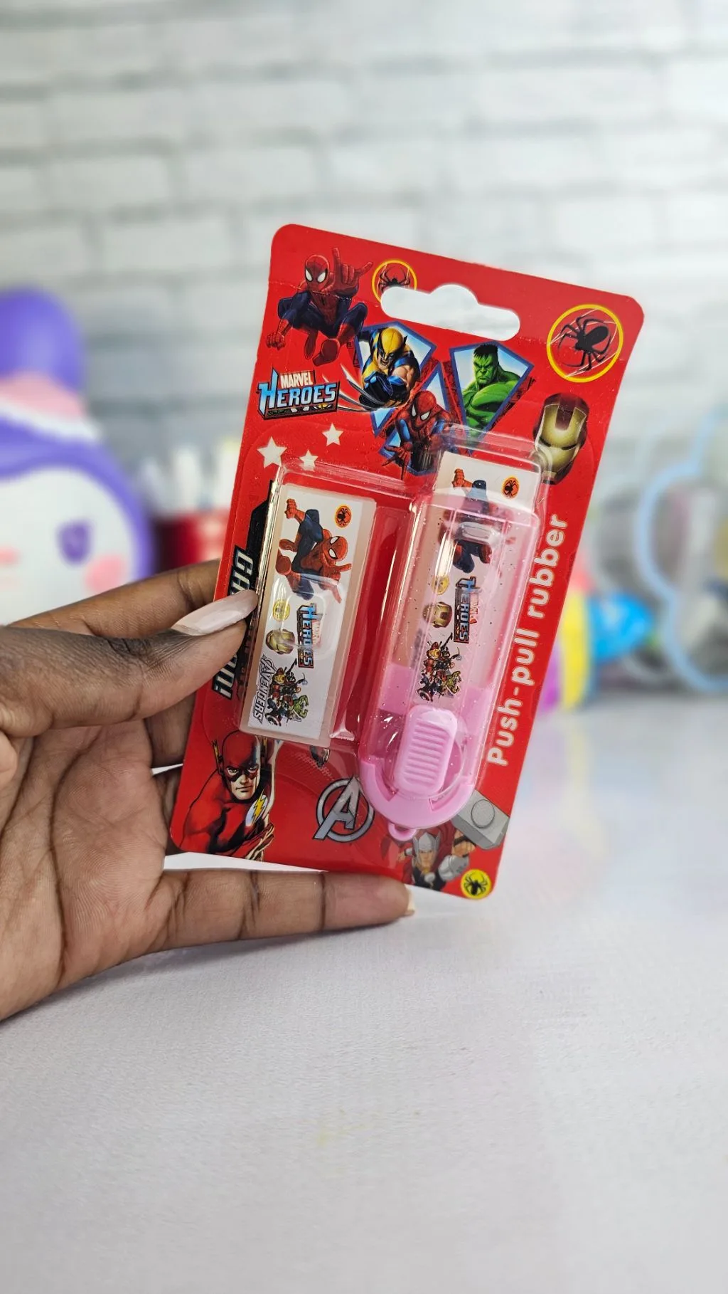 Spiderman avengers push-pull erasers (comes with extra eraser)