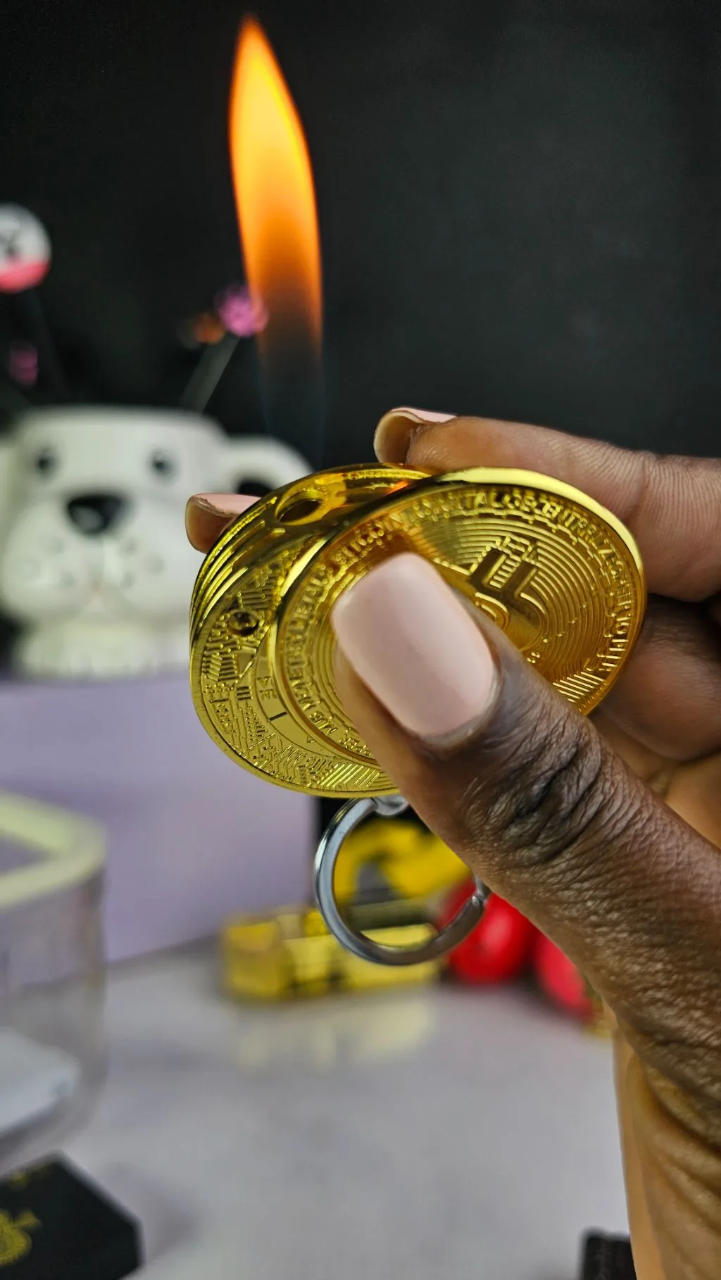Bitcoin refillable gas lighter and keychain