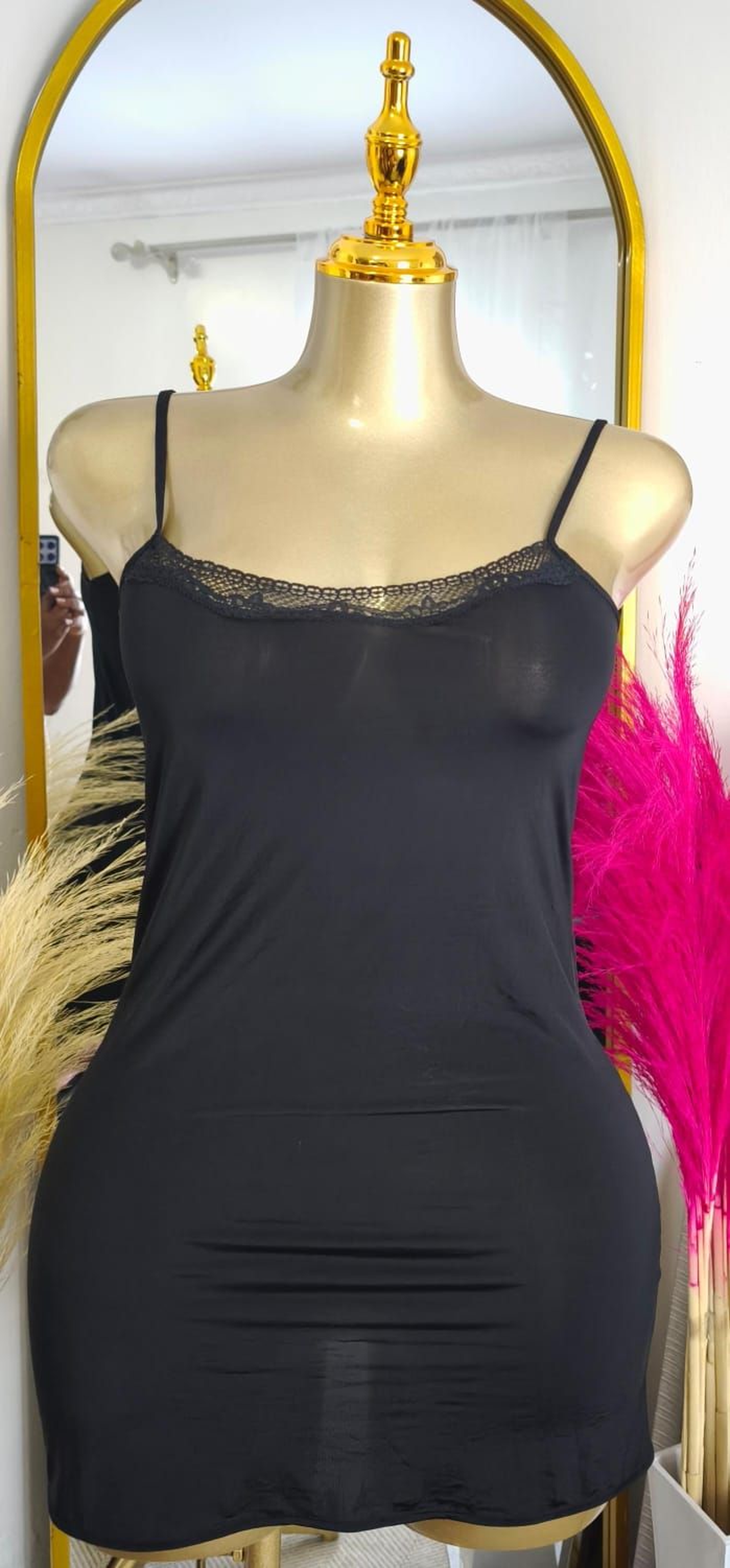 Black Spaghetti Strap Full Slip Petticoat with Lace Trim
