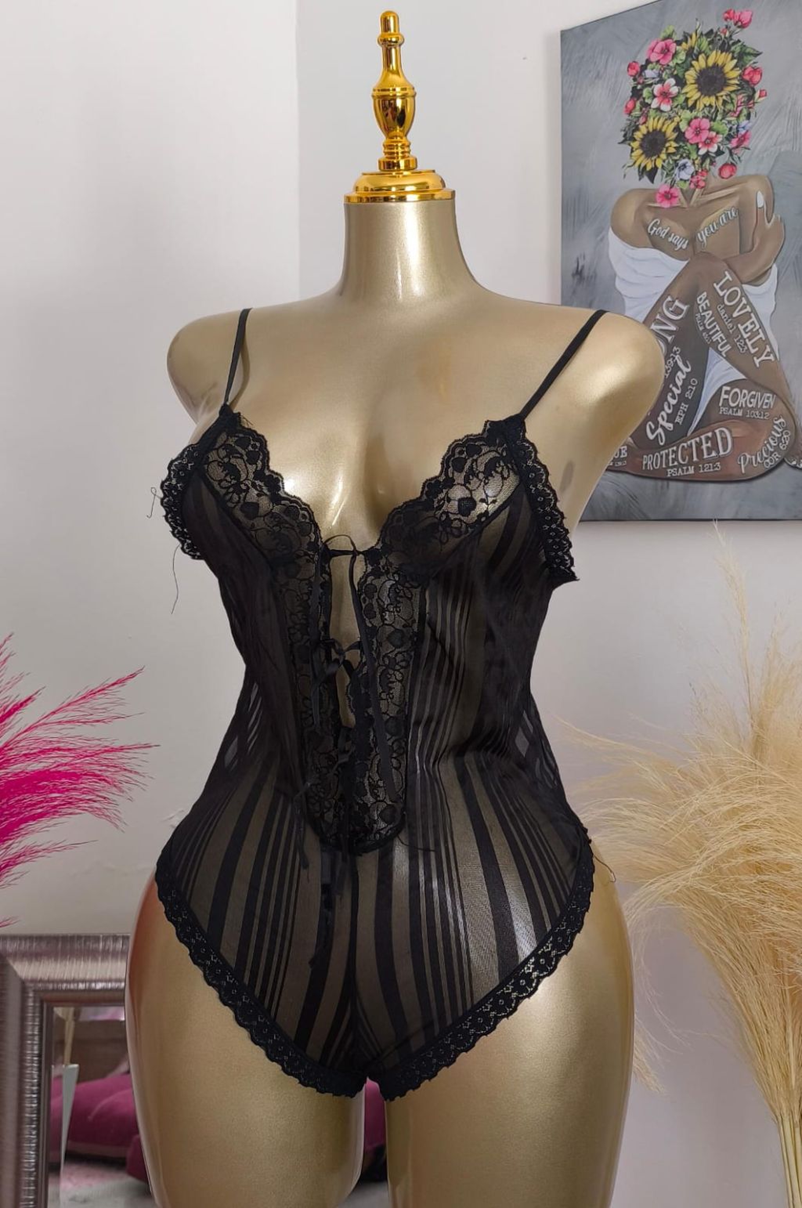 Striped Noir Lace-Up Lingerie