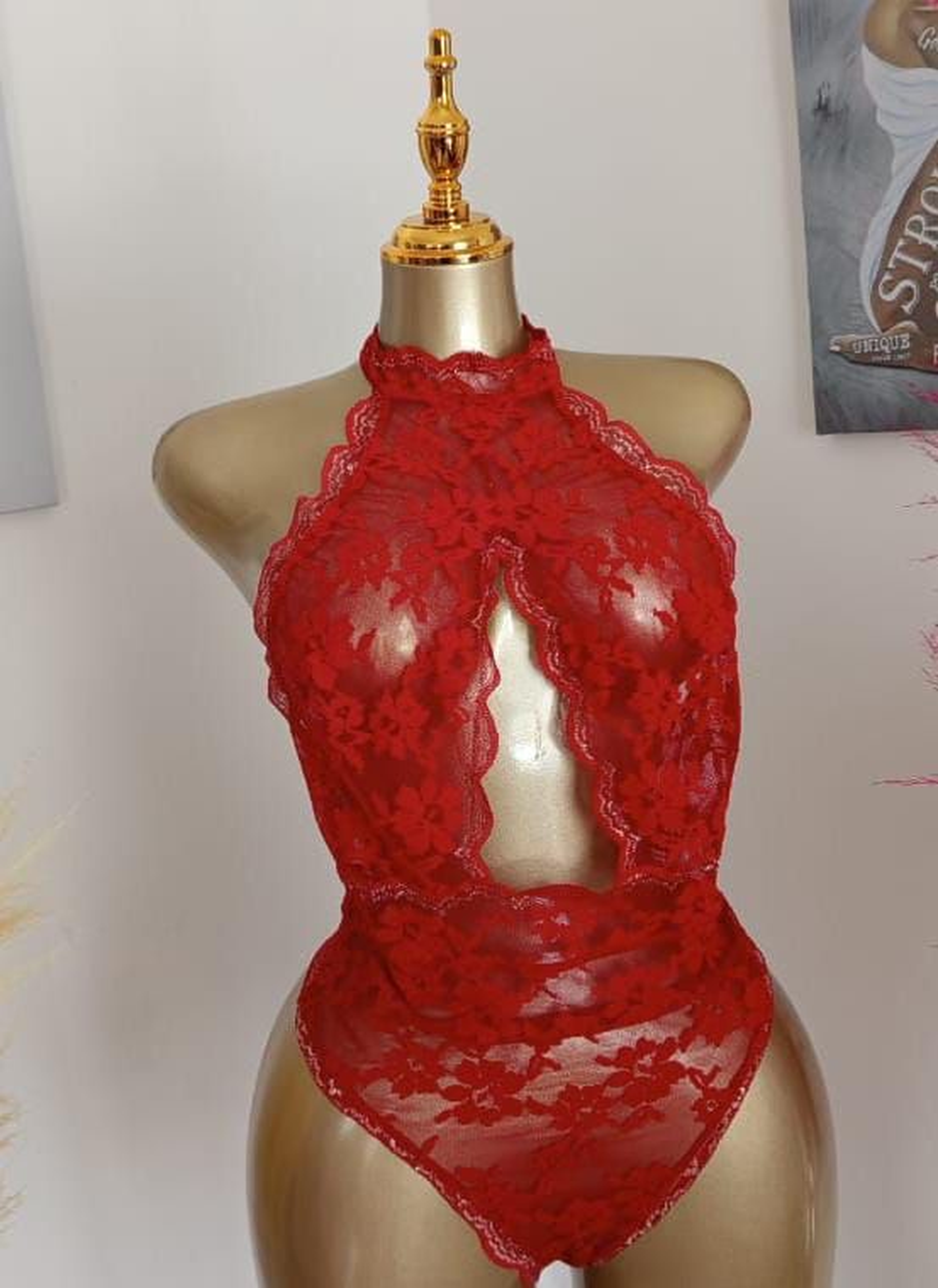 Scarlet High-Neck Lace Teddy with Front Cut-Out & Scalloped Trim