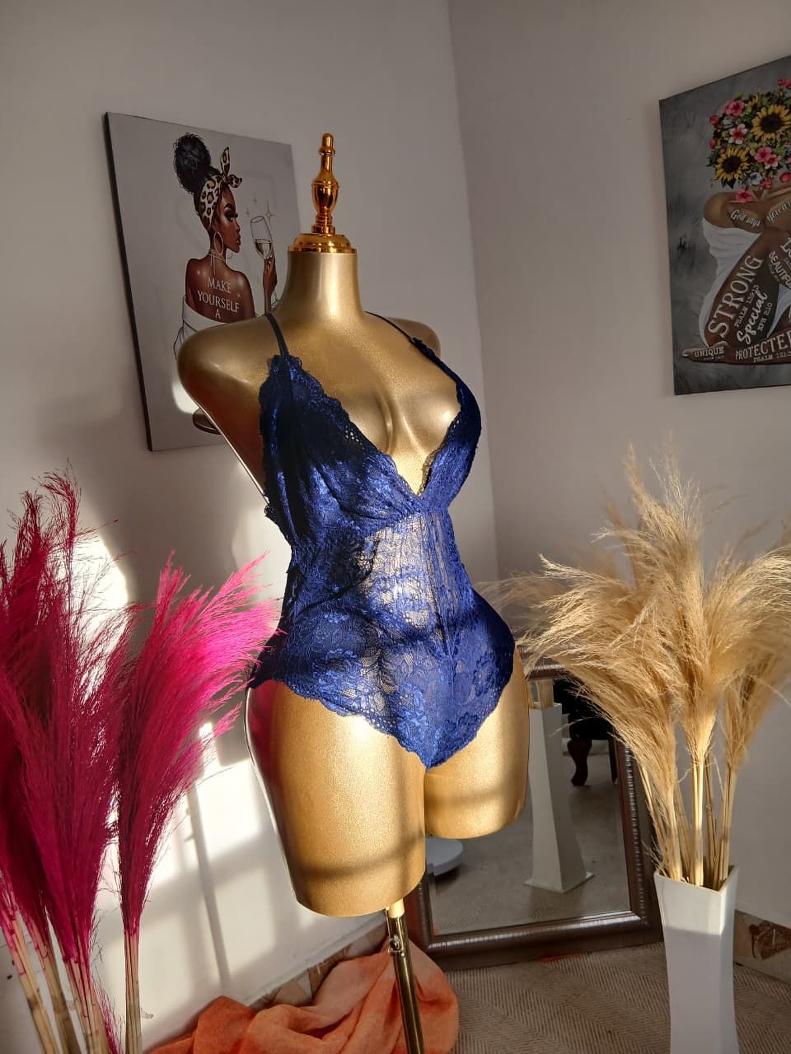 Midnight Sapphire Deep-V Lace Lingerie