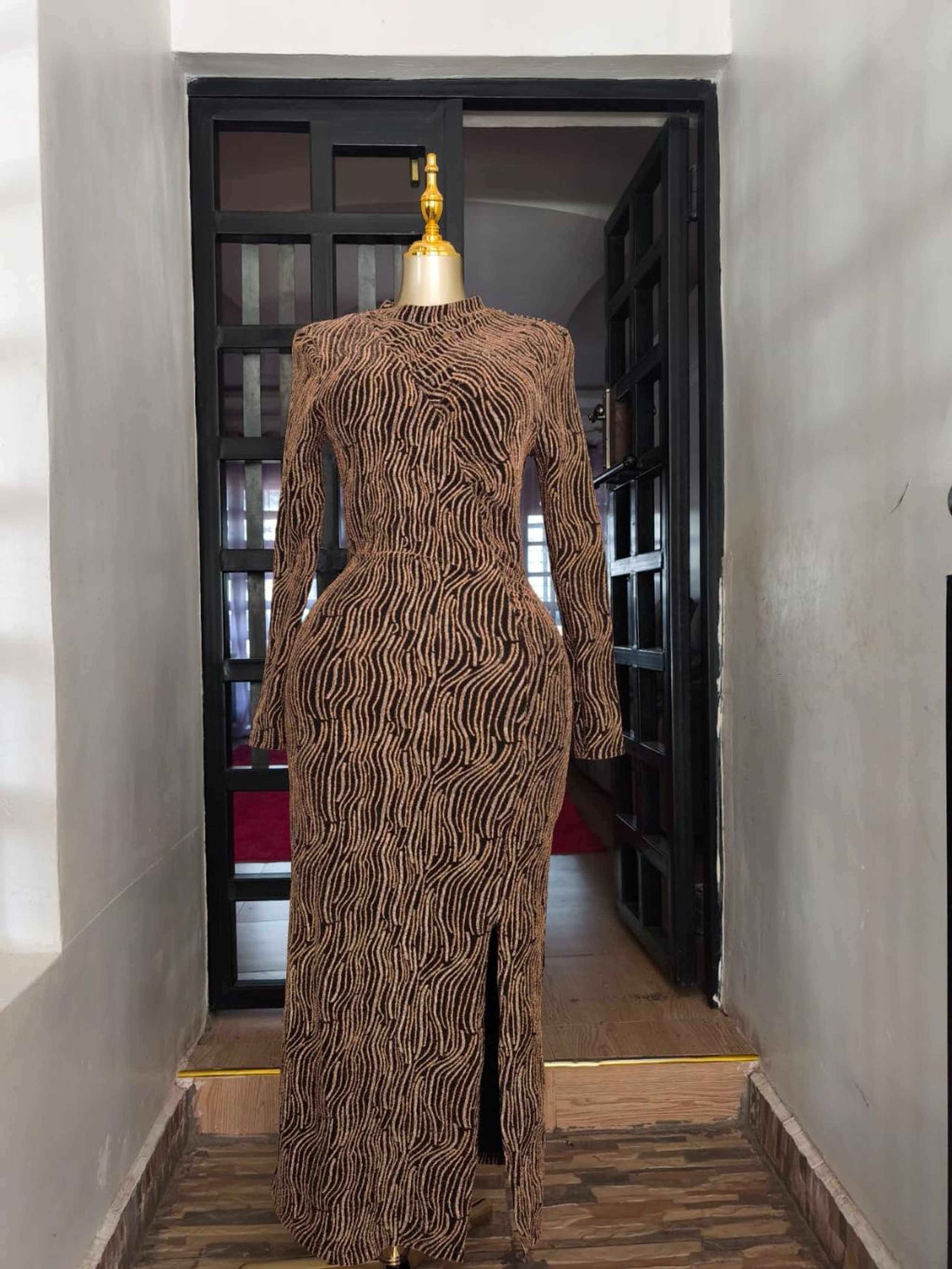 Long-Sleeved High-Neck Maxi Dress