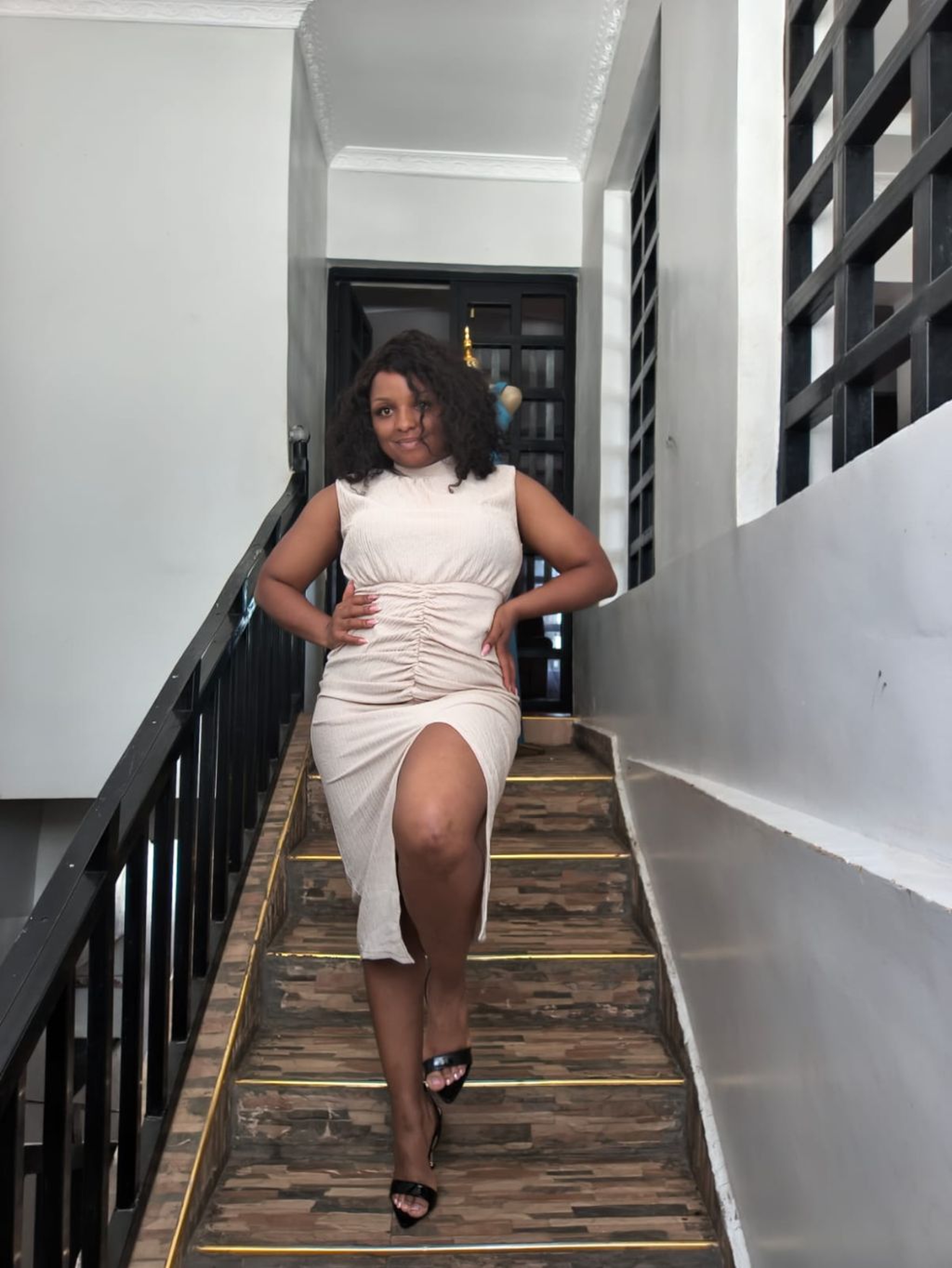 Sleeveless Ruched Front Midi Dress with High-Leg Slit