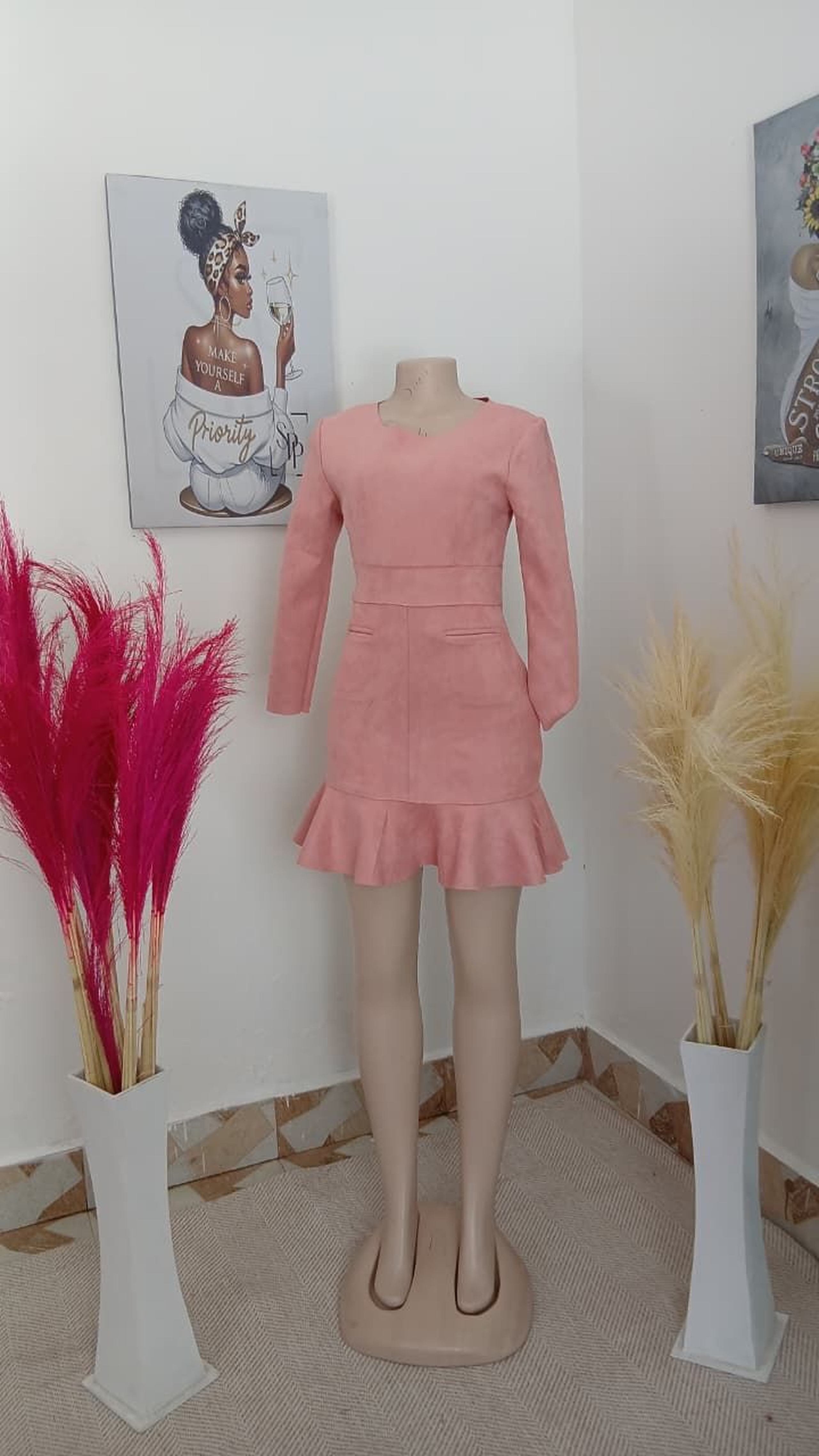 Long-Sleeved Structured Mini Dress with Ruffled Flounce Hem