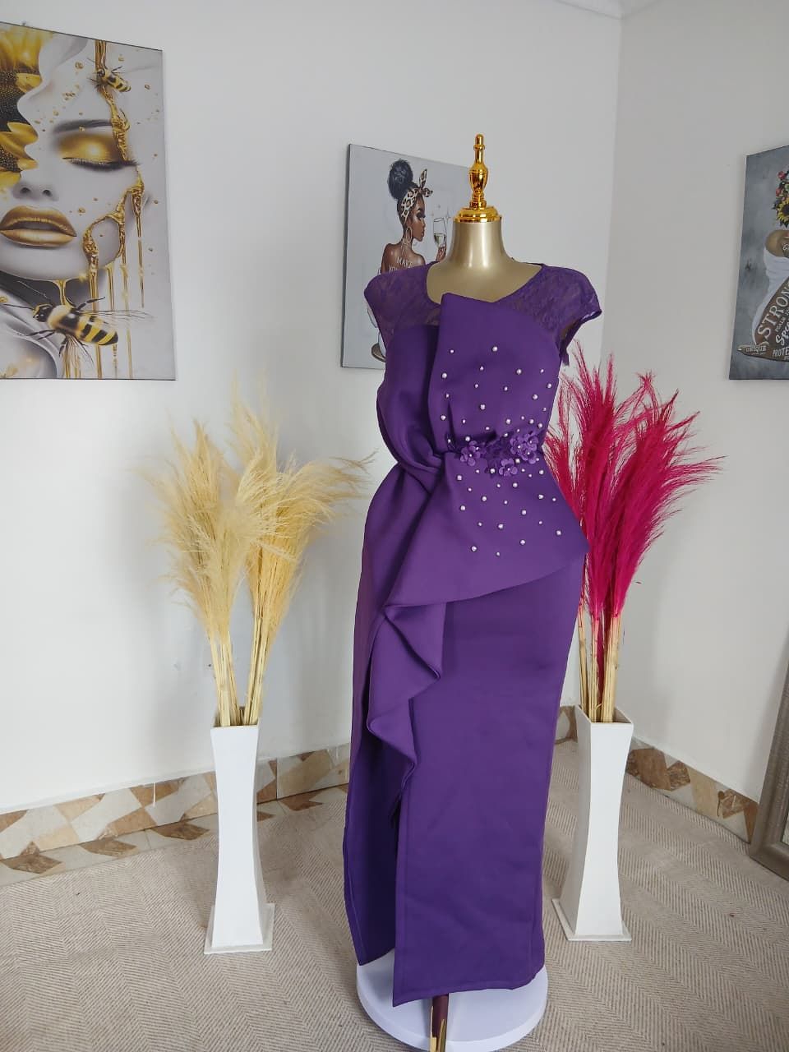 Architectural Evening Gown with Cascading Ruffles and Pearl-Encrusted Bodice