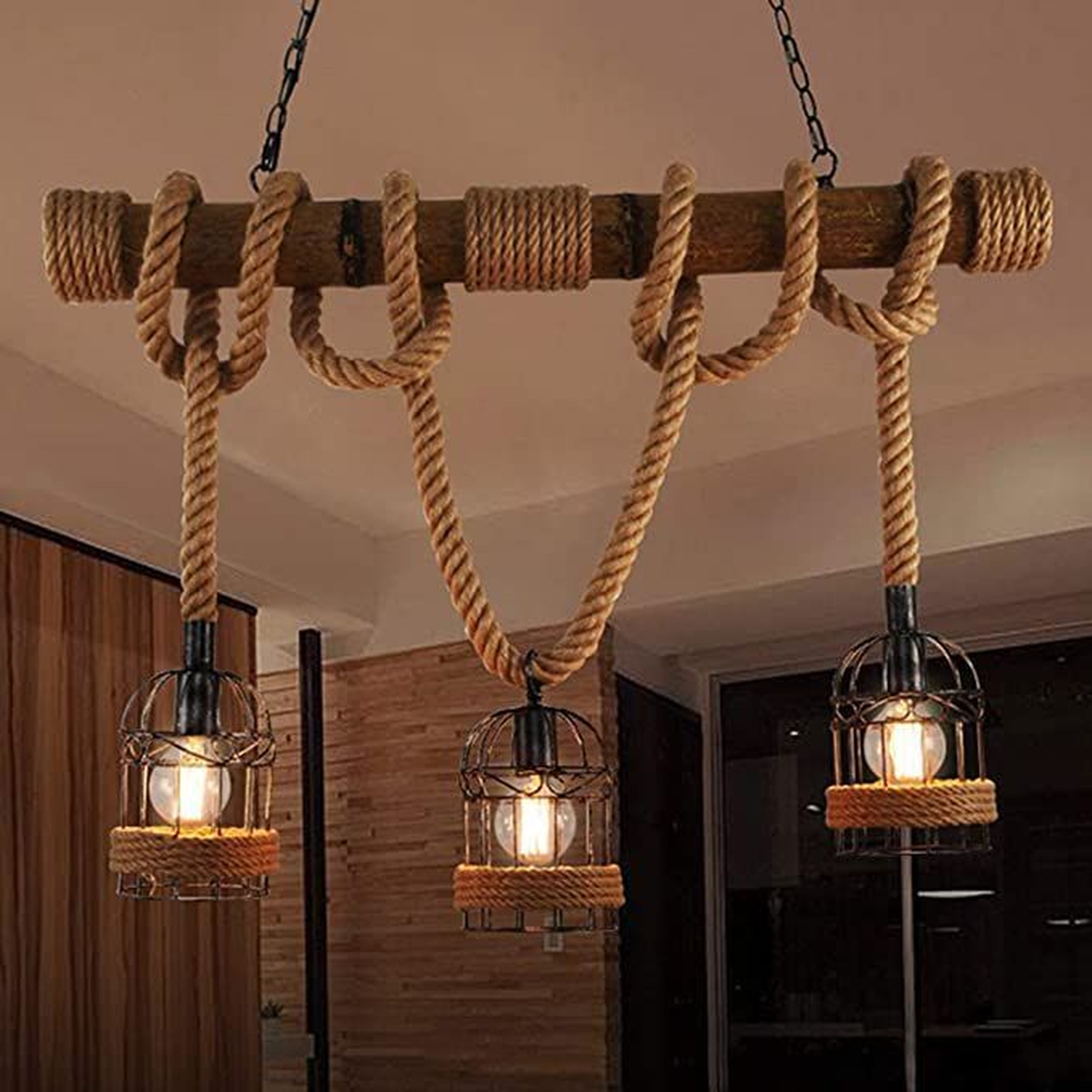 Triple Cage Rope & Timber Chandelier